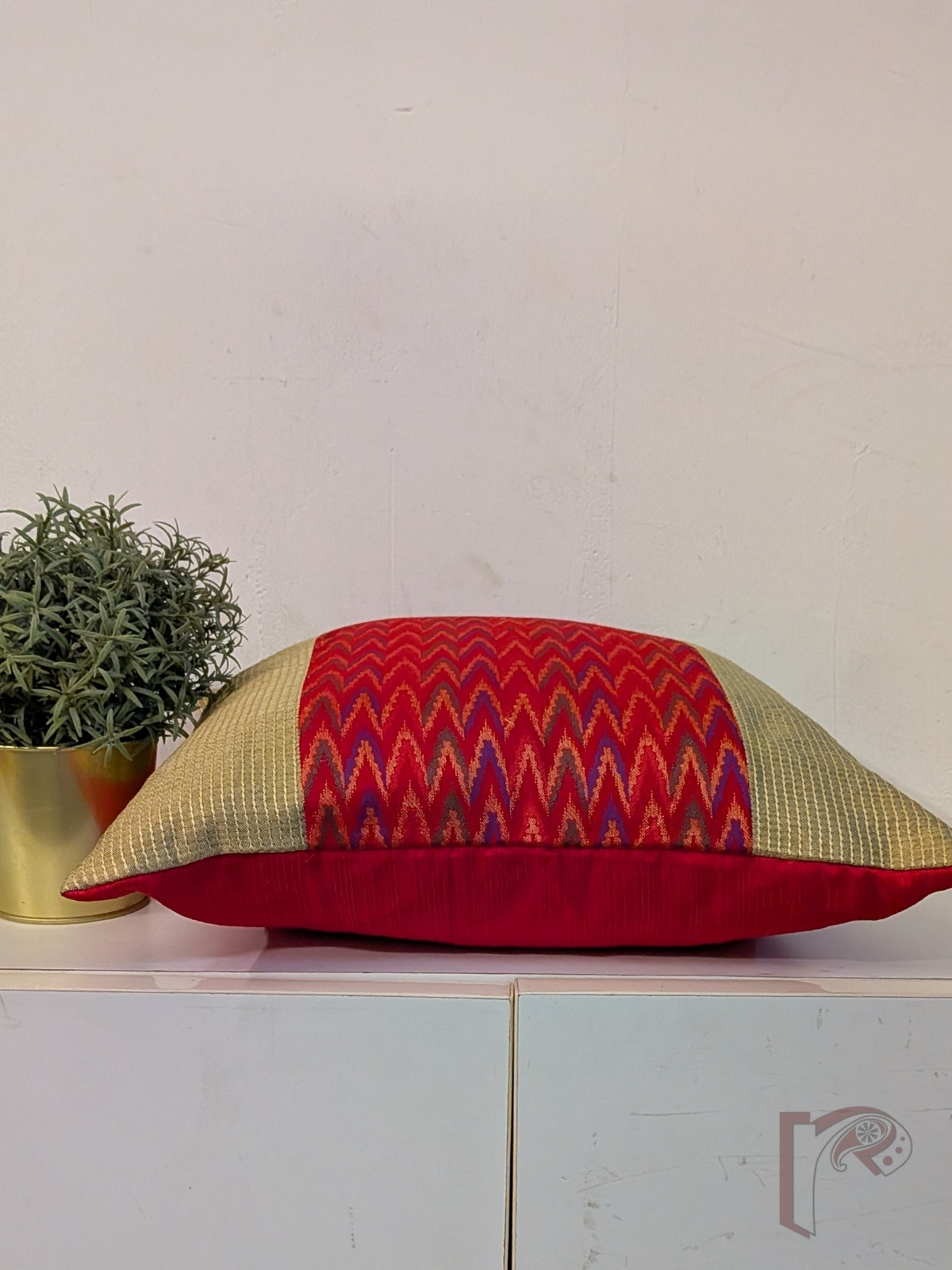 Cozy Cushion: Red & Gold Cotton Silk Banarasi Chevron Panel Cushion Cover 16" x 16" - Image 3