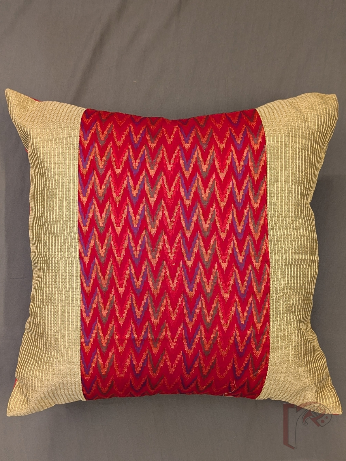 Cozy Cushion: Red & Gold Cotton Silk Banarasi Chevron Panel Cushion Cover 16" x 16" - Image 4