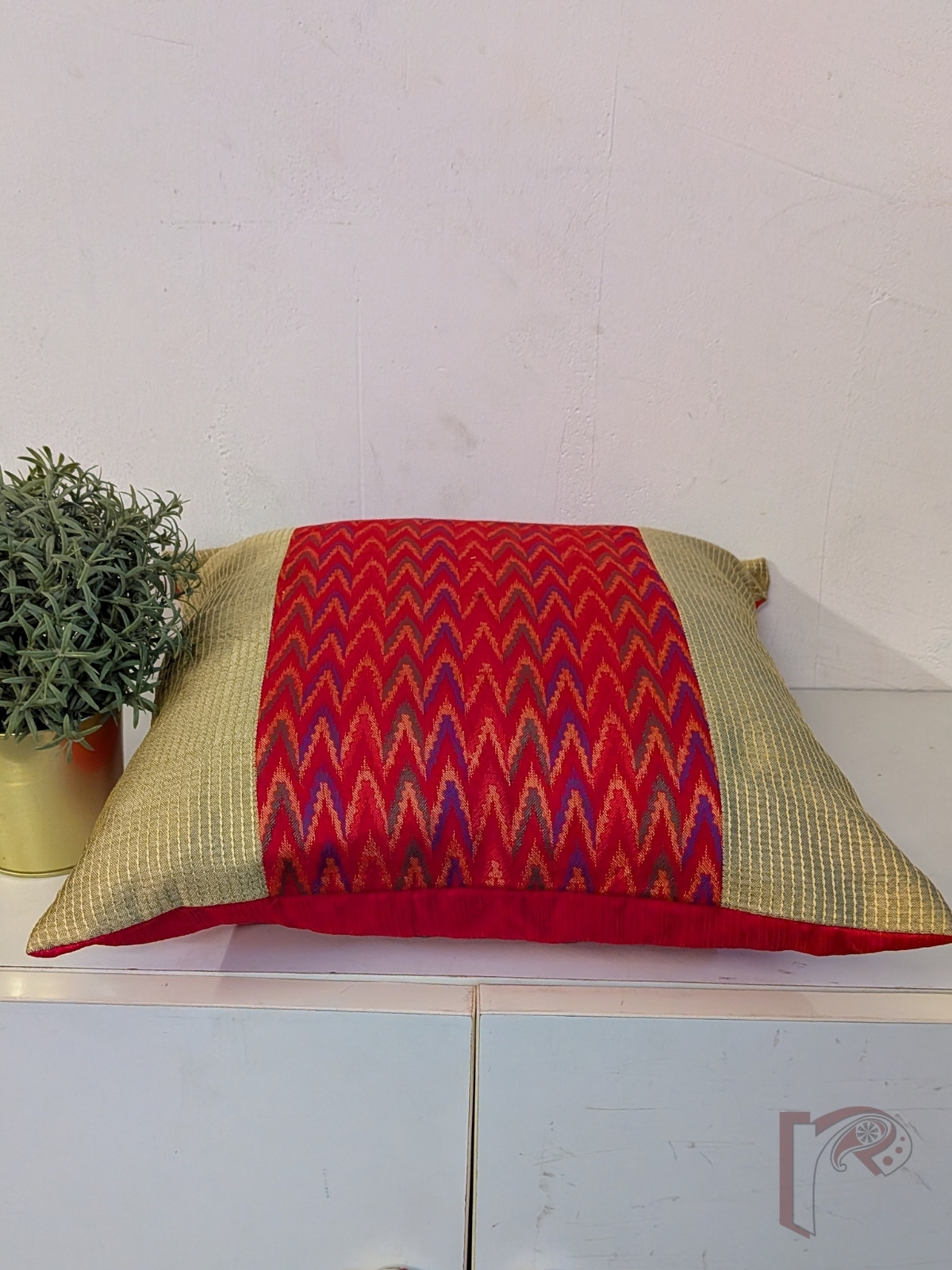Cozy Cushion: Red & Gold Cotton Silk Banarasi Chevron Panel Cushion Cover 16" x 16" - Image 5