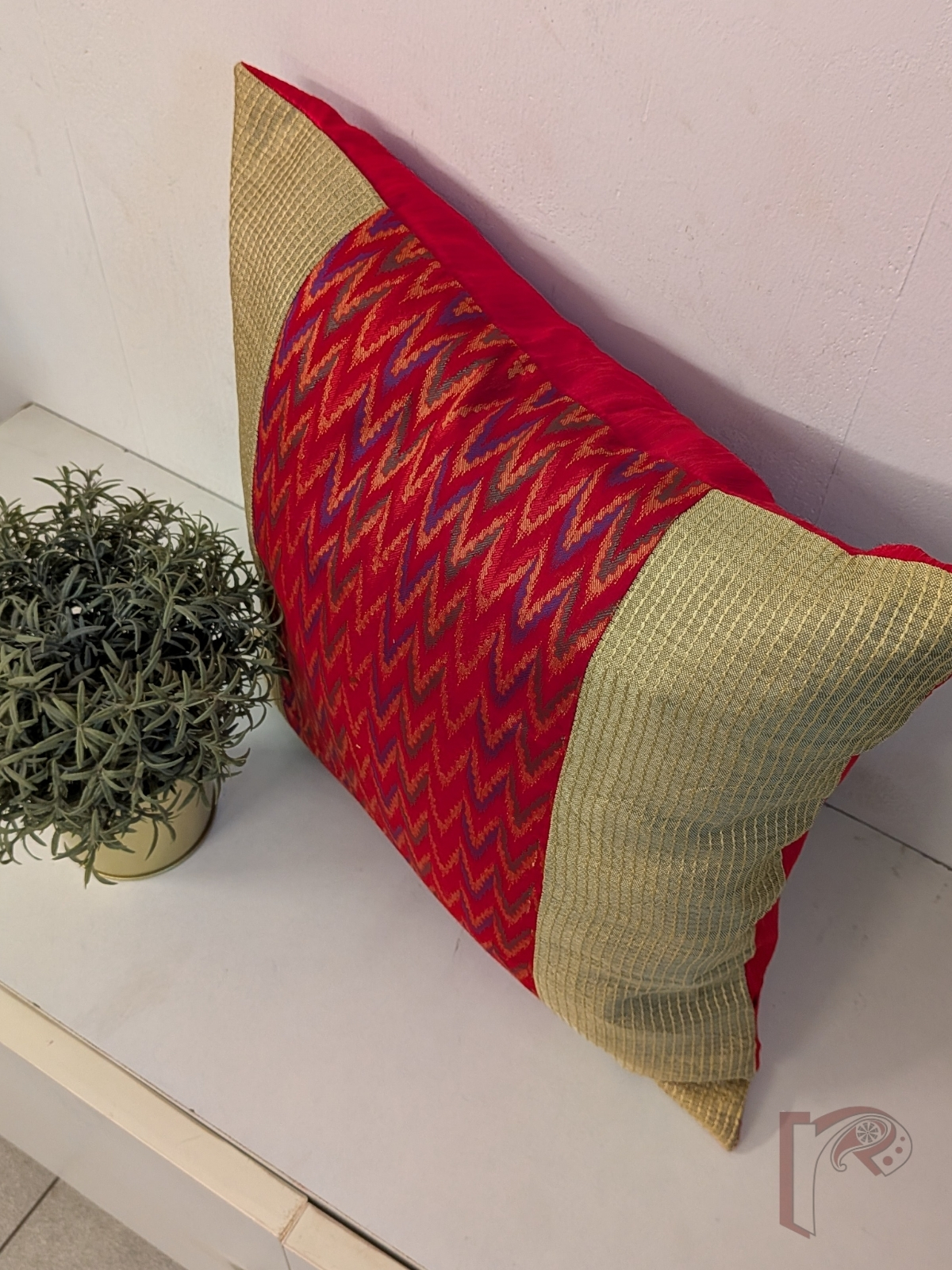 Cozy Cushion: Red & Gold Cotton Silk Banarasi Chevron Panel Cushion Cover 16" x 16" - Image 6