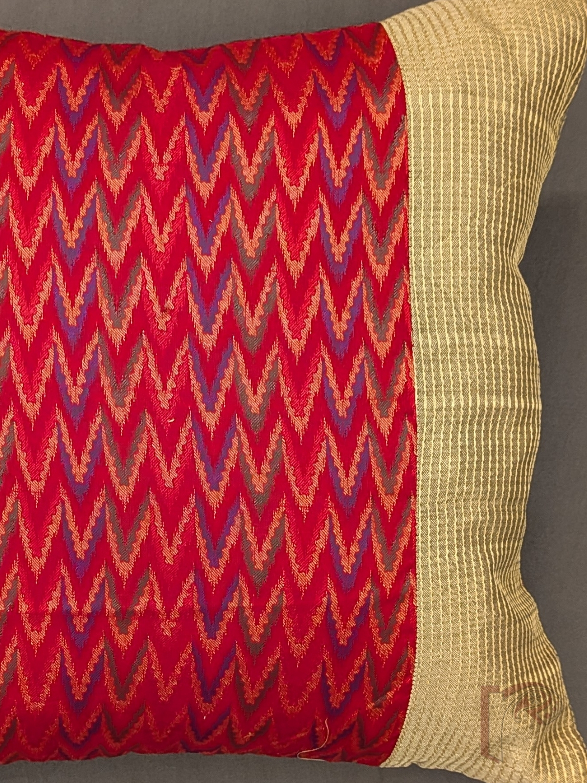 Cozy Cushion: Red & Gold Cotton Silk Banarasi Chevron Panel Cushion Cover 16" x 16" - Image 7