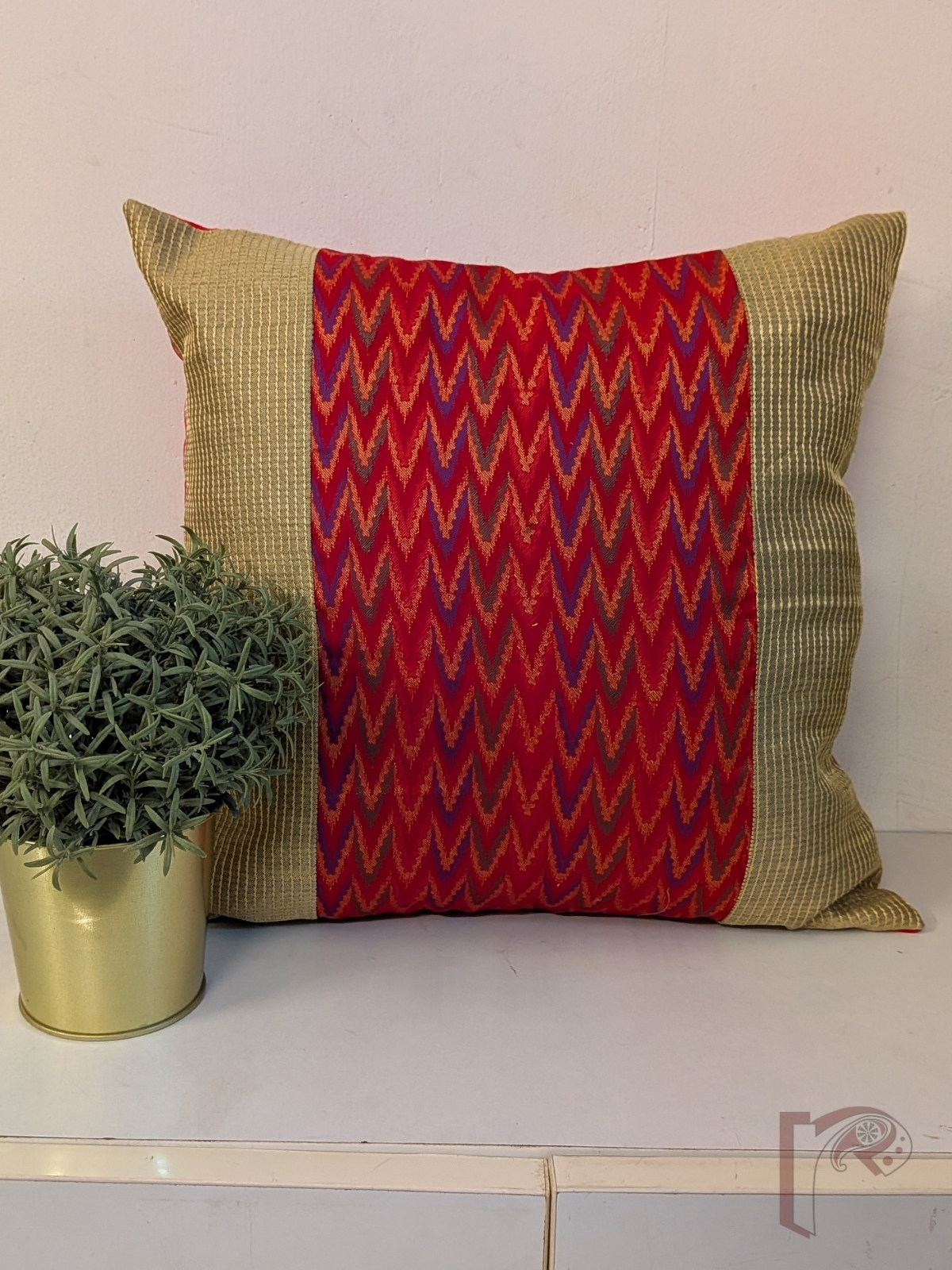 Cozy Cushion: Red & Gold Cotton Silk Banarasi Chevron Panel Cushion Cover 16" x 16"