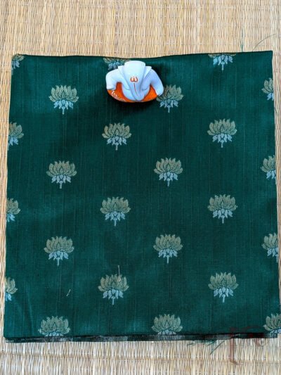 Bottle Green Raw Silk Fabric with Lotus Gold Silver Machine Woven Motifs