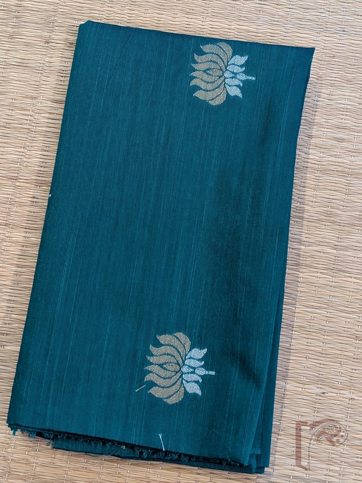 Turquoise Blue Raw Silk Blouse Fabric with Gold and Silver Lotus Motifs - Image 2
