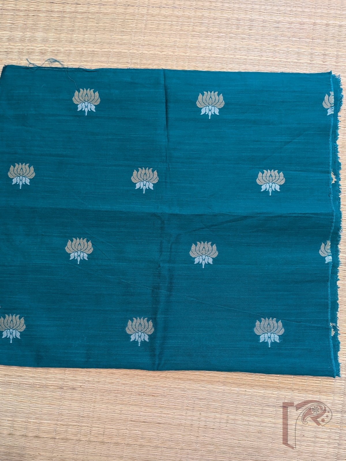 Turquoise Blue Raw Silk Blouse Fabric with Gold and Silver Lotus Motifs - Image 3