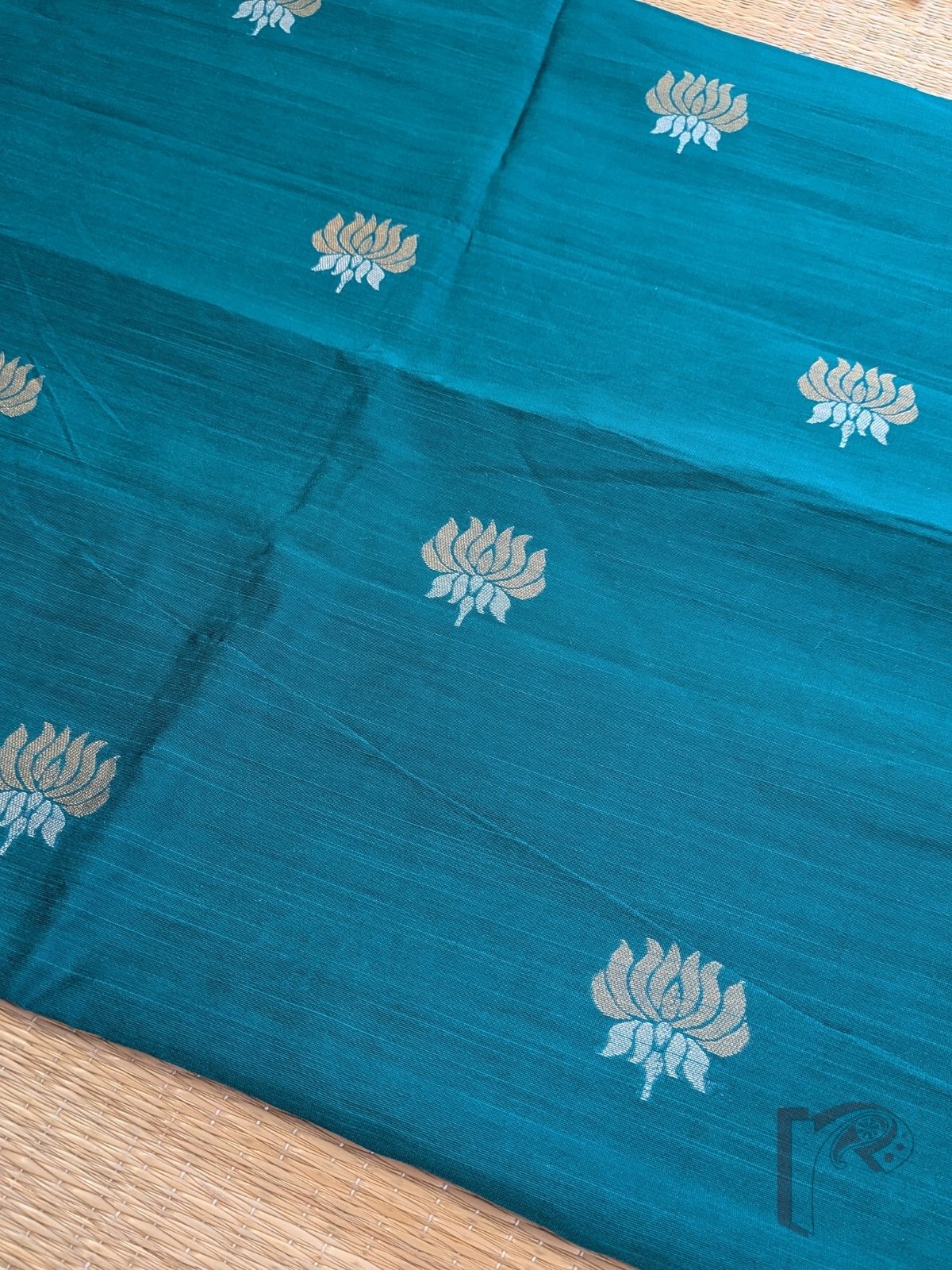 Turquoise Blue Raw Silk Blouse Fabric with Gold and Silver Lotus Motifs - Image 4