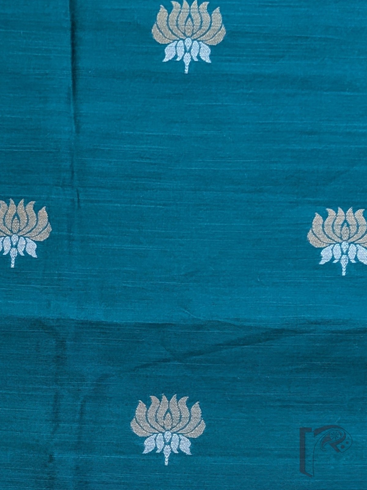 Turquoise Blue Raw Silk Blouse Fabric with Gold and Silver Lotus Motifs - Image 5