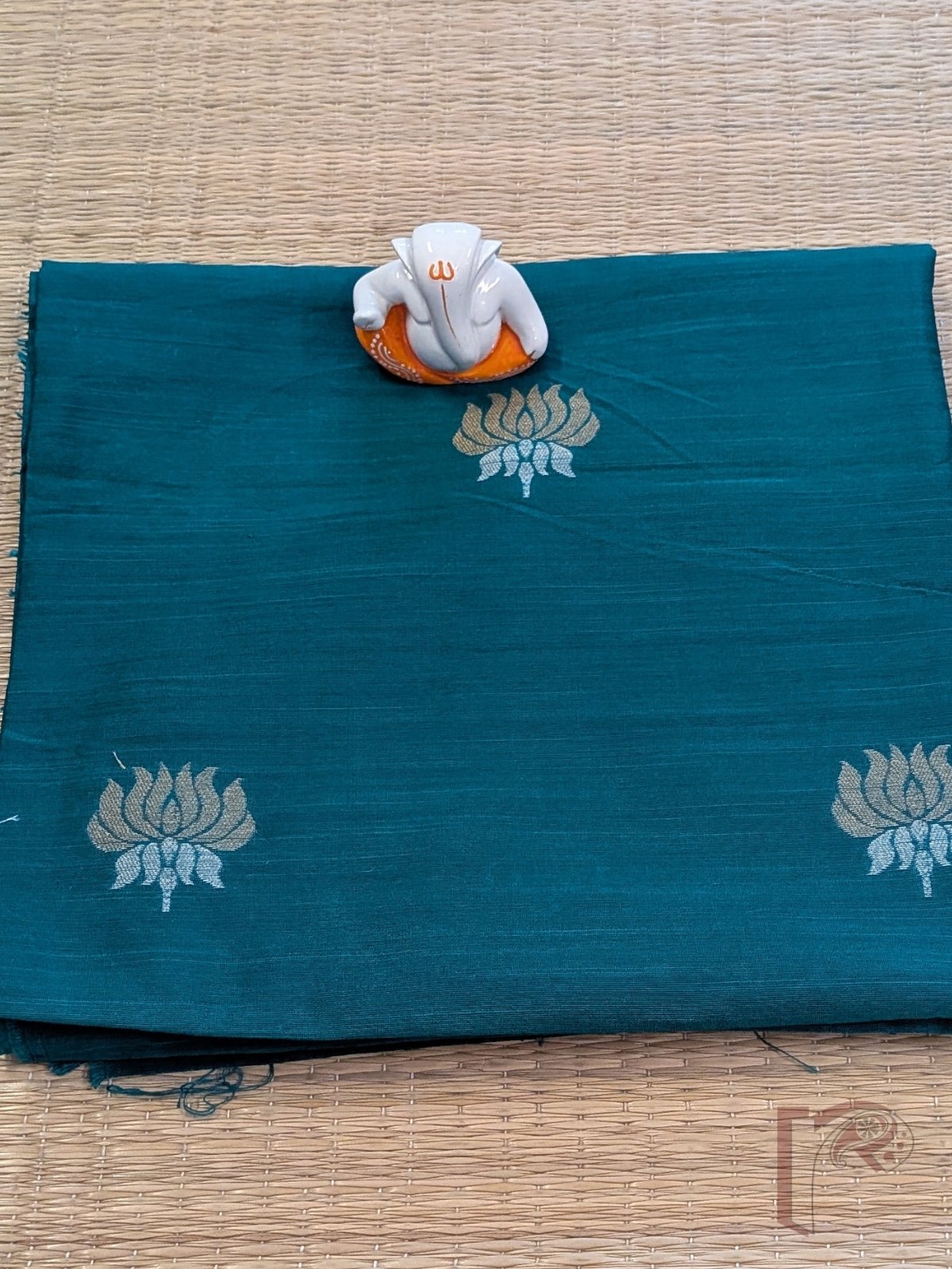Turquoise Blue Raw Silk Blouse Fabric with Gold and Silver Lotus Motifs