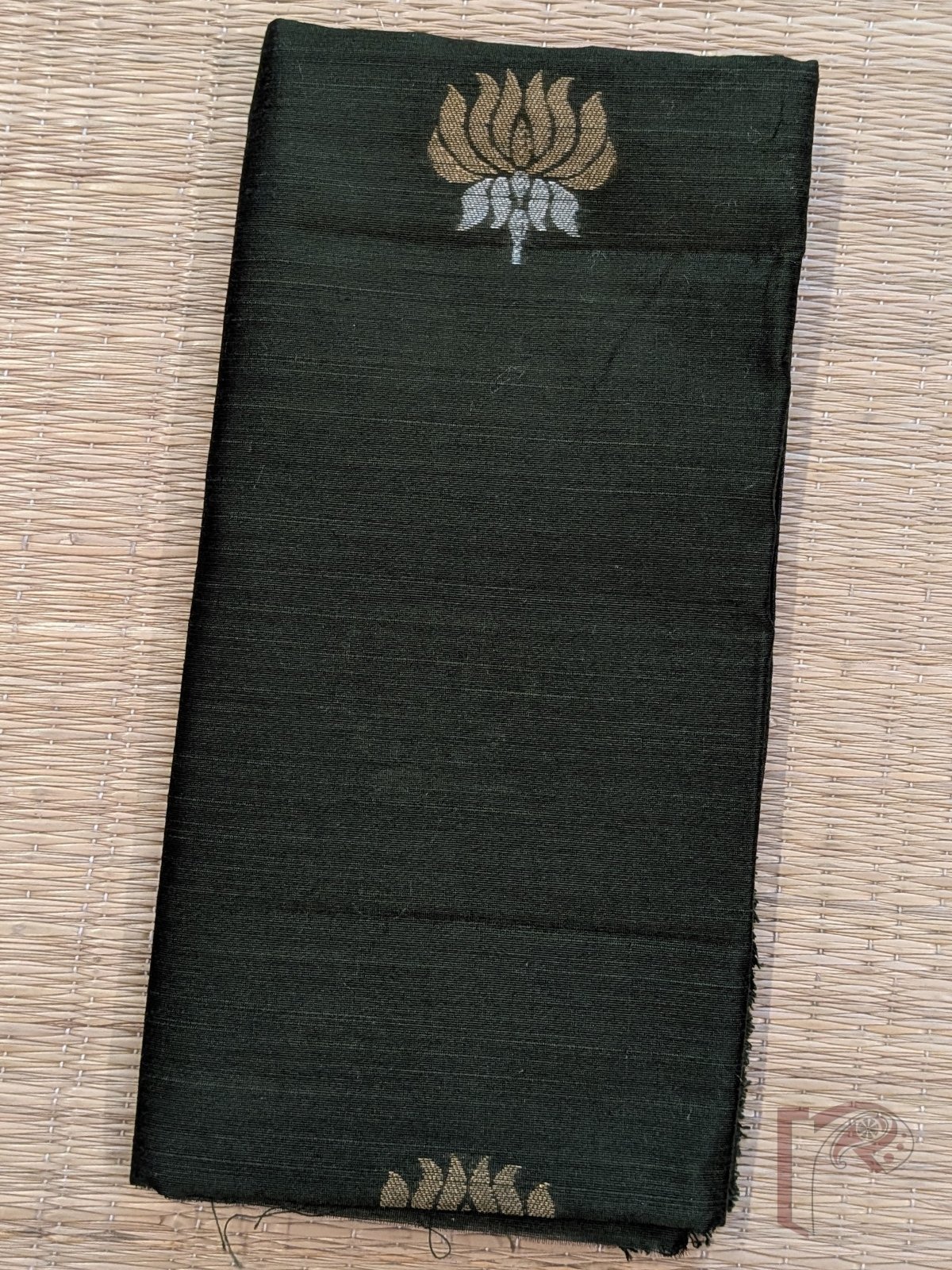 Dark Olive Green Raw Silk Blouse Piece with Metallic Lotus Machine Weave - Image 2