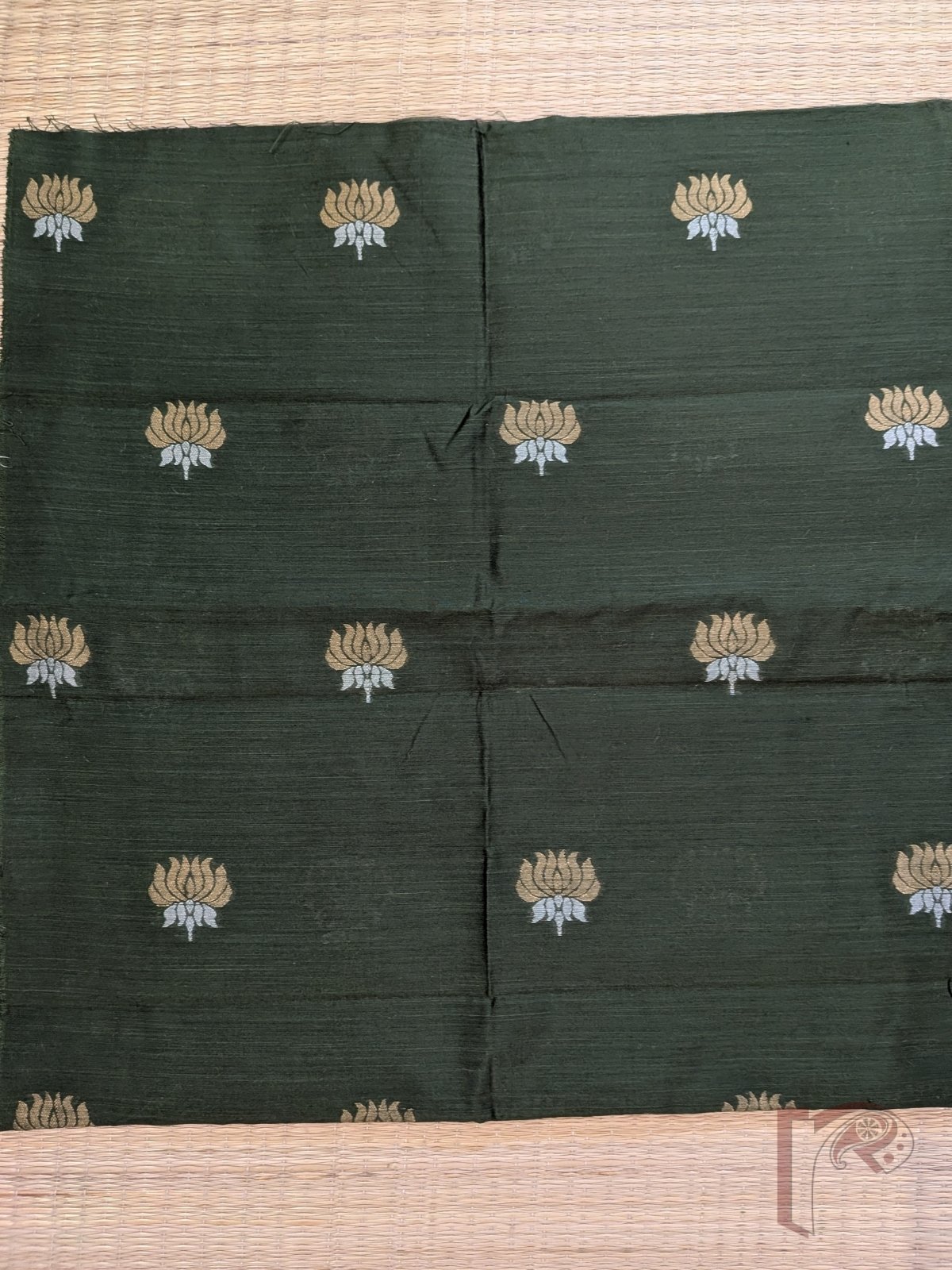 Dark Olive Green Raw Silk Blouse Piece with Metallic Lotus Machine Weave - Image 3