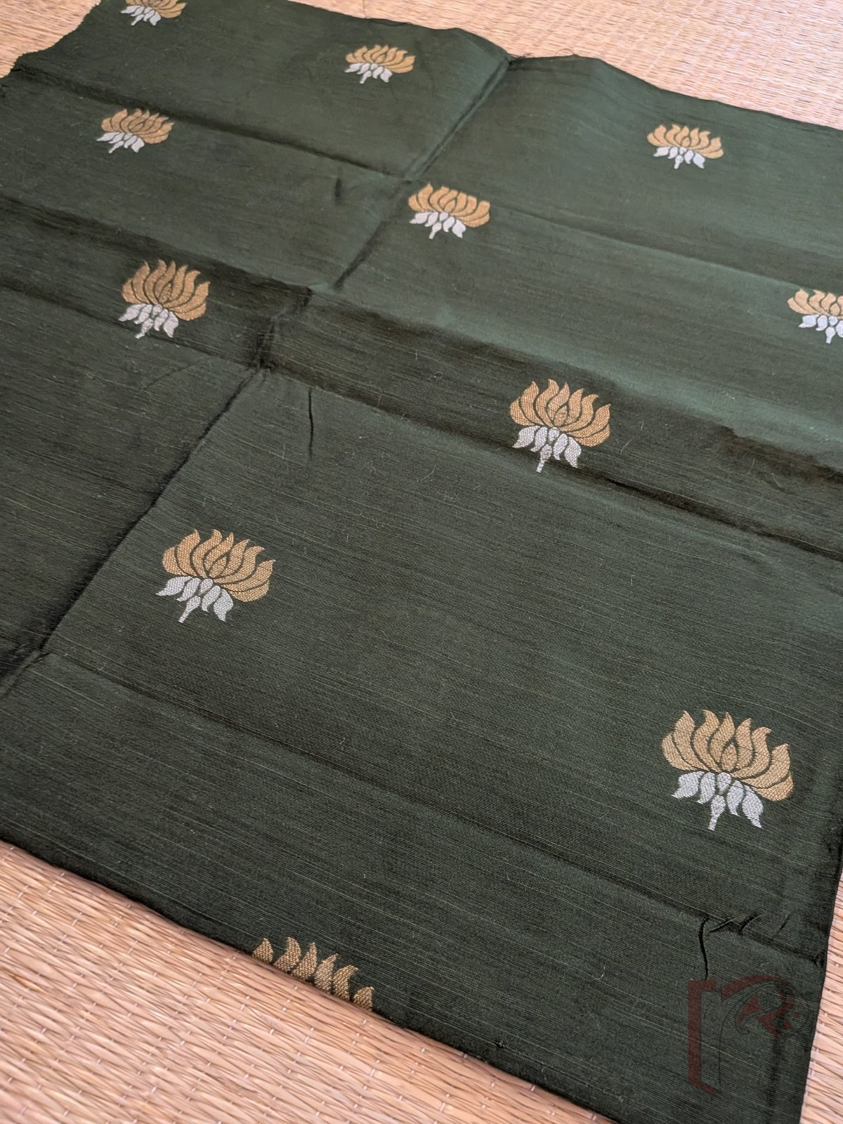 Dark Olive Green Raw Silk Blouse Piece with Metallic Lotus Machine Weave - Image 4
