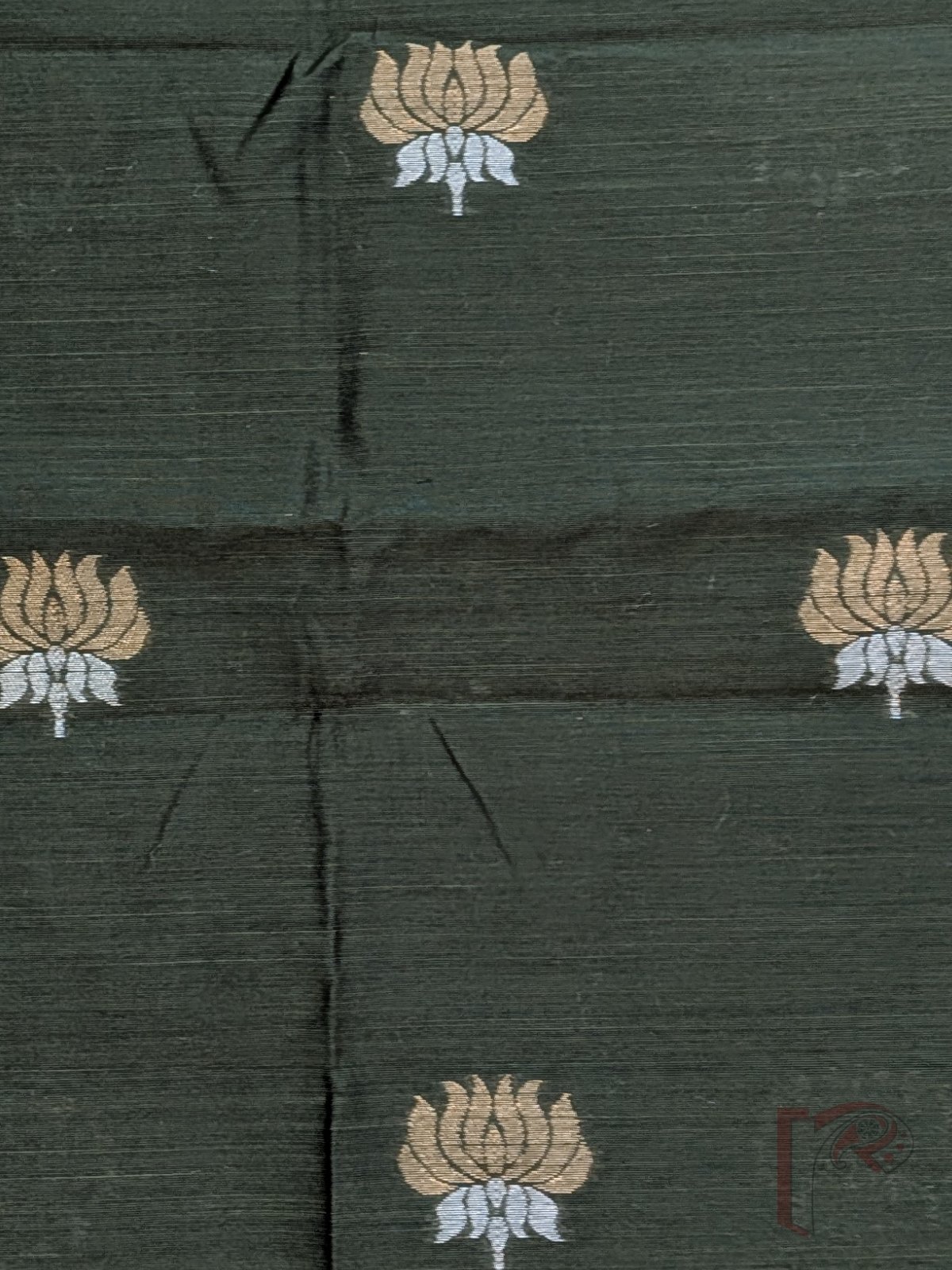 Dark Olive Green Raw Silk Blouse Piece with Metallic Lotus Machine Weave - Image 5