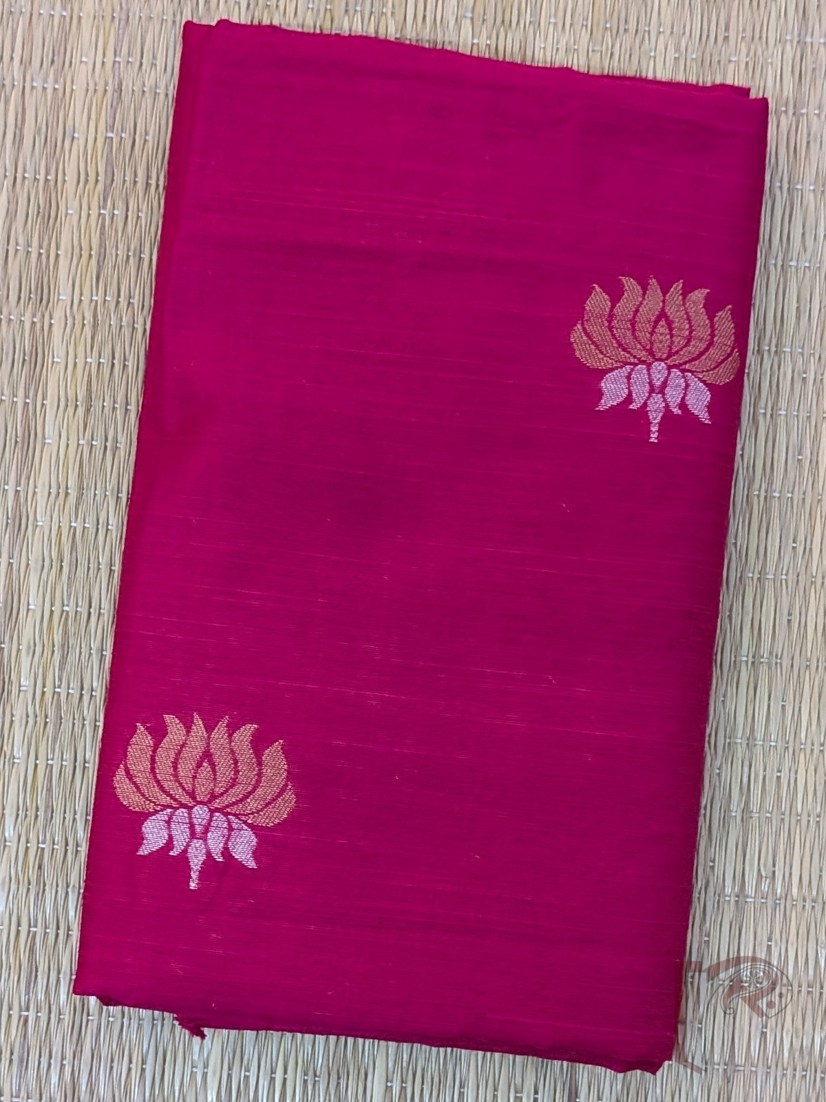 Bright Pink Raw Silk Blouse Piece Featuring Gold and Silver Lotus Weave - Image 2