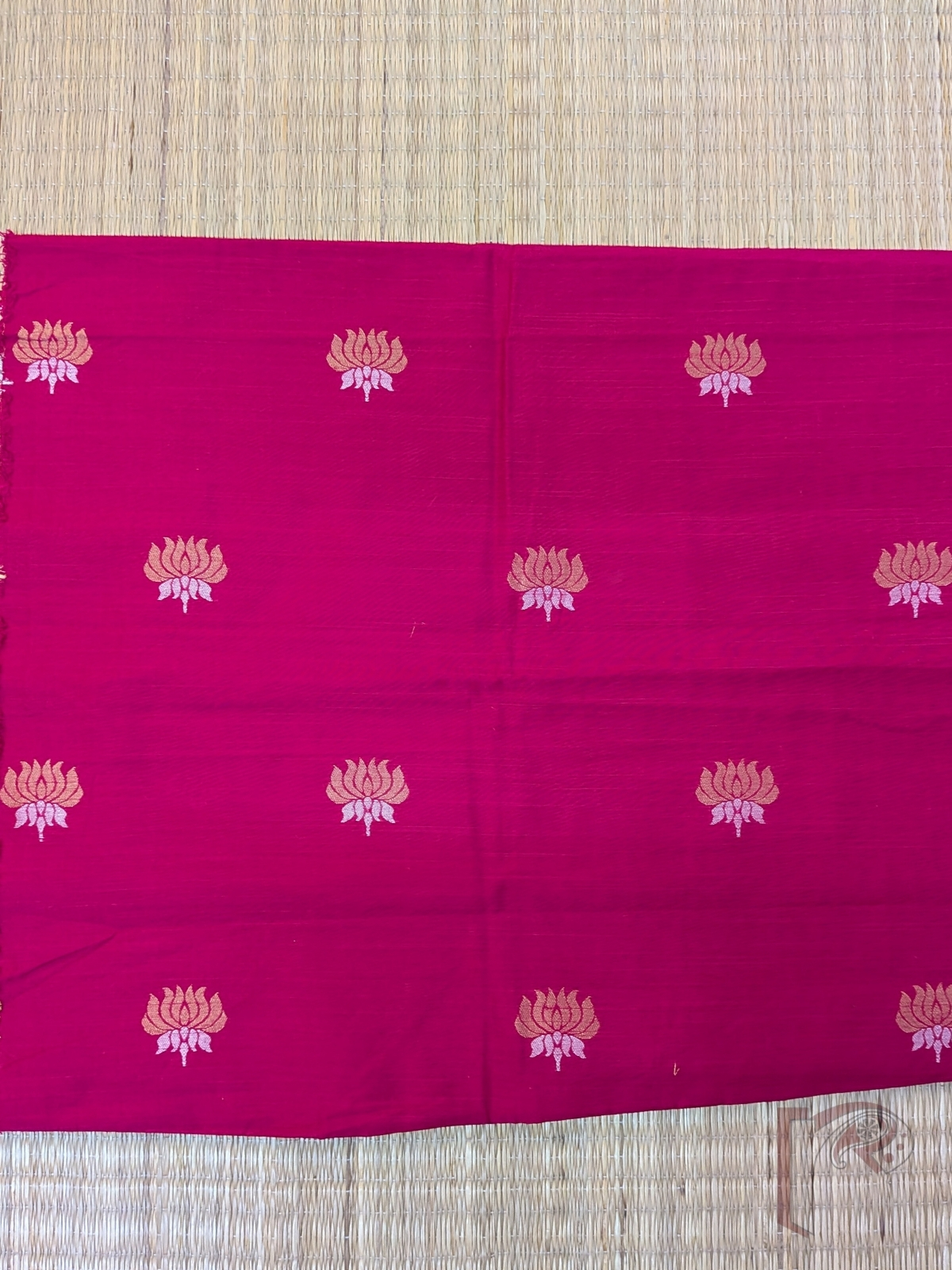 Bright Pink Raw Silk Blouse Piece Featuring Gold and Silver Lotus Weave - Image 3