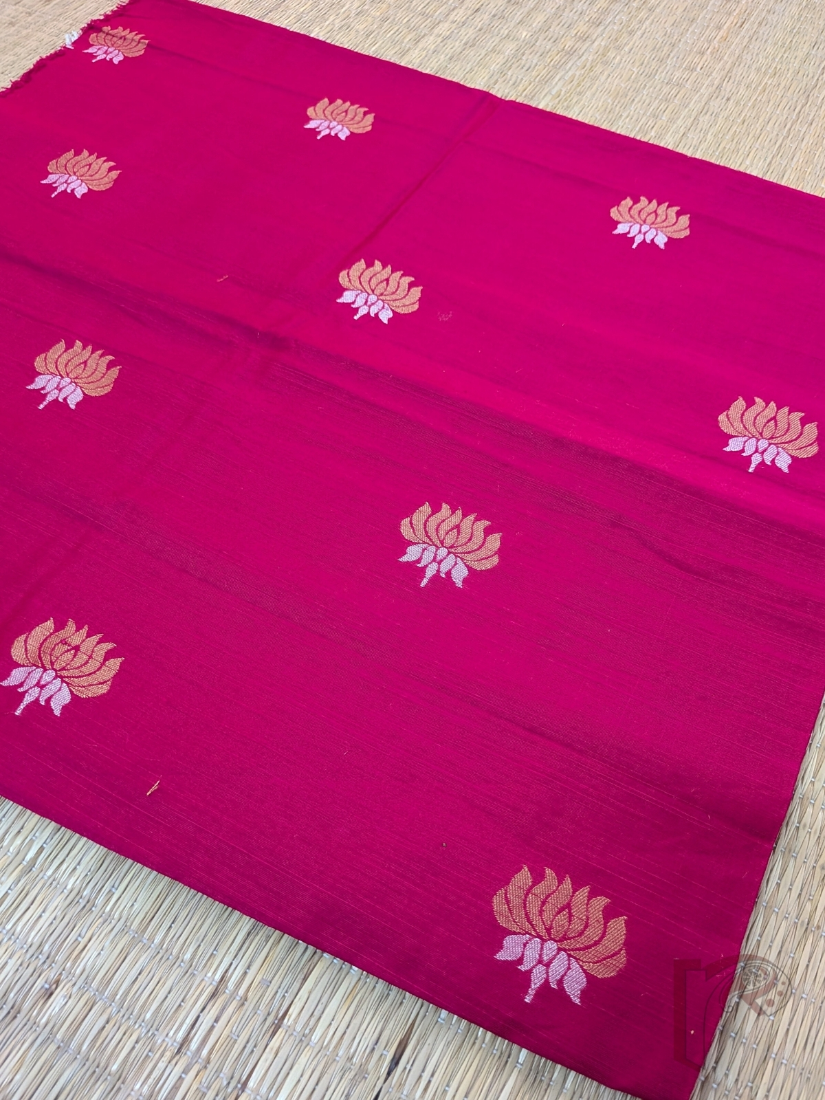 Bright Pink Raw Silk Blouse Piece Featuring Gold and Silver Lotus Weave - Image 4