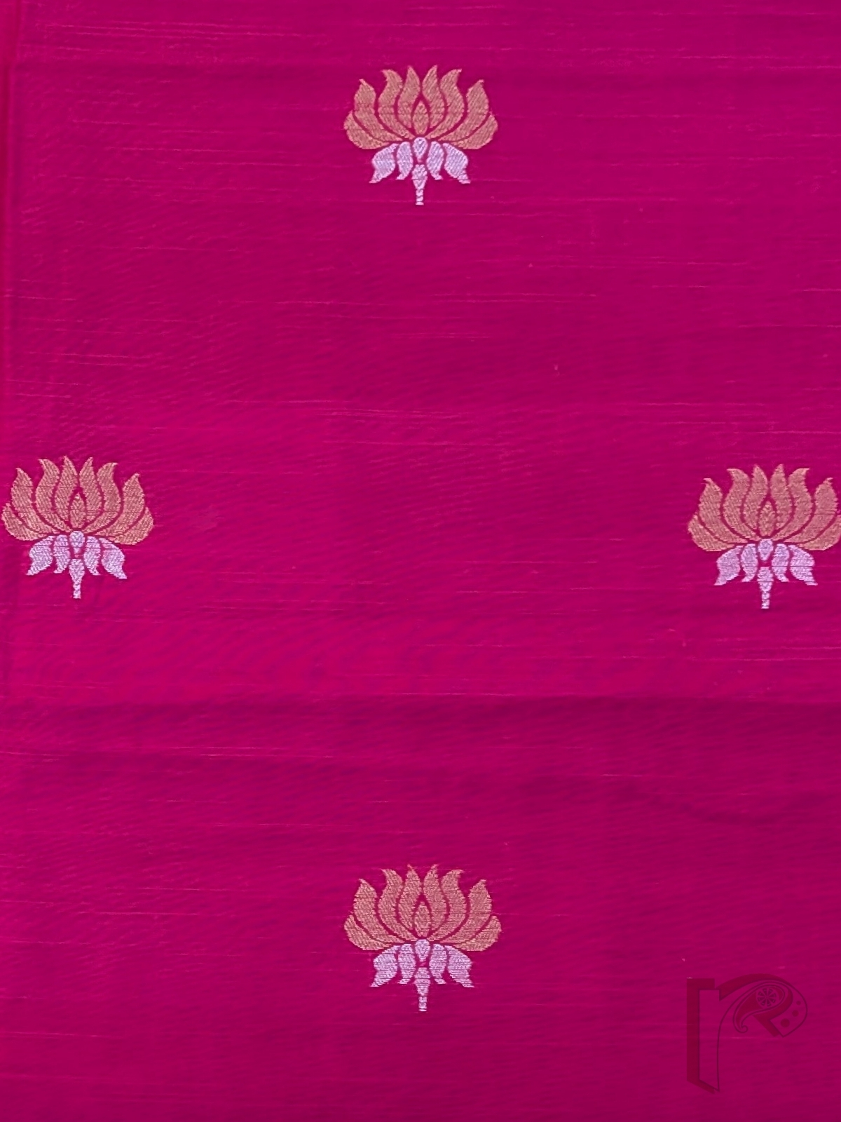 Bright Pink Raw Silk Blouse Piece Featuring Gold and Silver Lotus Weave - Image 5