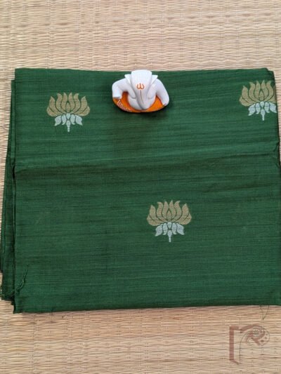 Leaf Green Raw Silk Blouse Piece with Gold and Silver Lotus Pattern