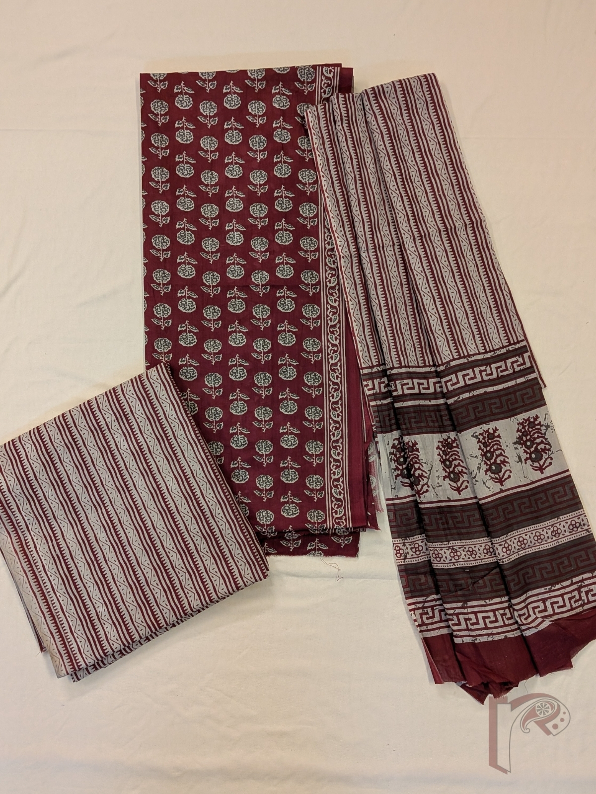 Suit stories - Maroon & Cream Dabu Hand Block Printed Mul Cotton Suit with Floral Boota - Image 2