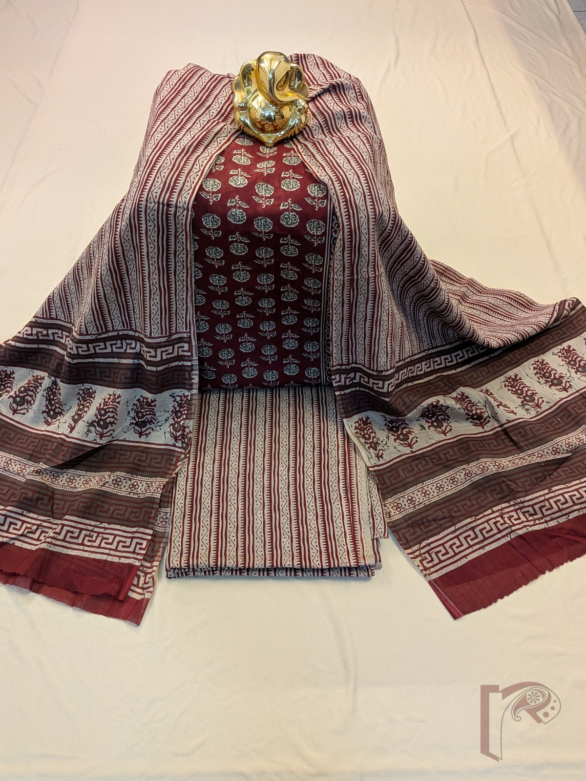 Suit stories - Maroon & Cream Dabu Hand Block Printed Mul Cotton Suit with Floral Boota