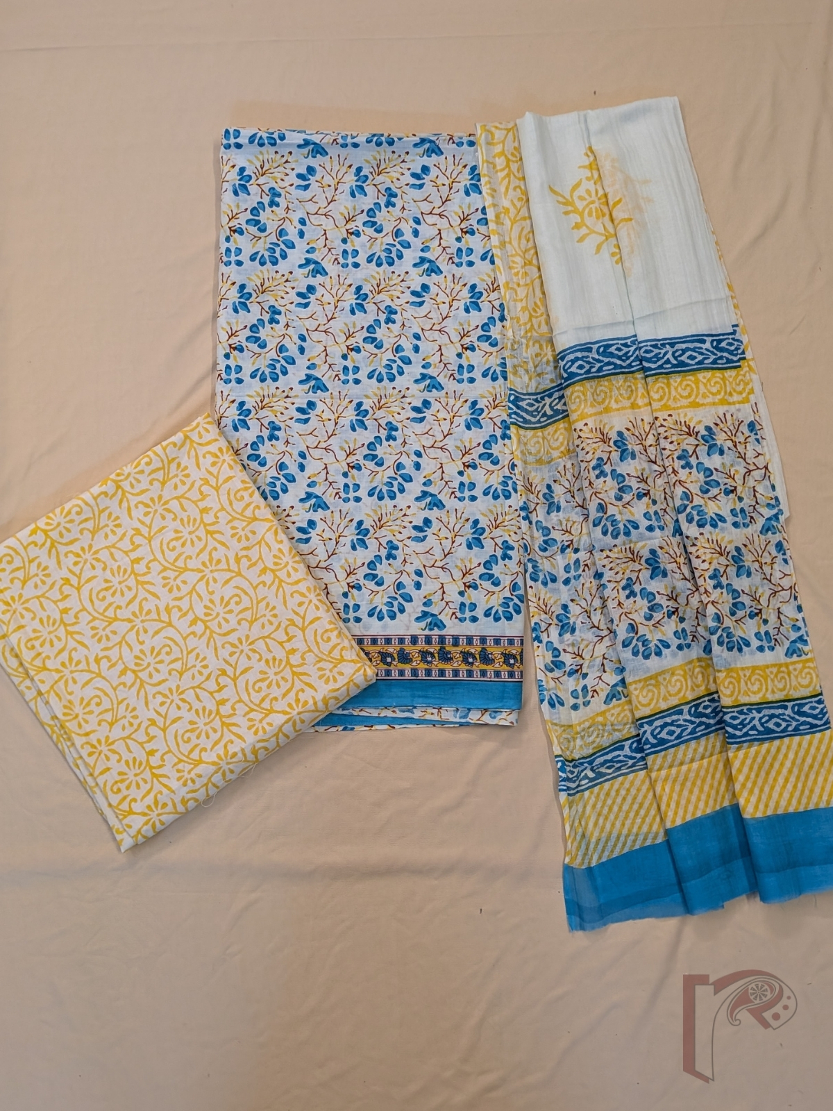 Suit stories - White Mul Cotton Sanganeri Hand Block Printed Suit with Firozi Blue & Yellow Floral Tree Jaal - Image 2