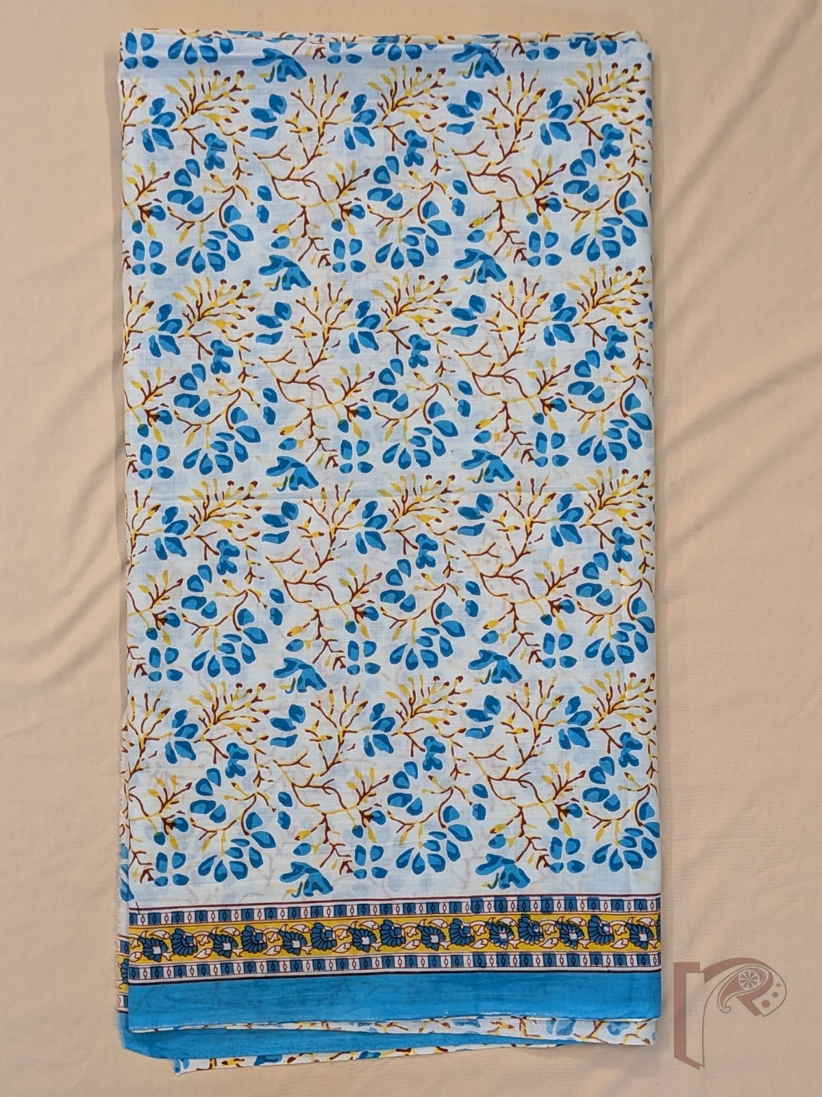 Suit stories - White Mul Cotton Sanganeri Hand Block Printed Suit with Firozi Blue & Yellow Floral Tree Jaal - Image 3