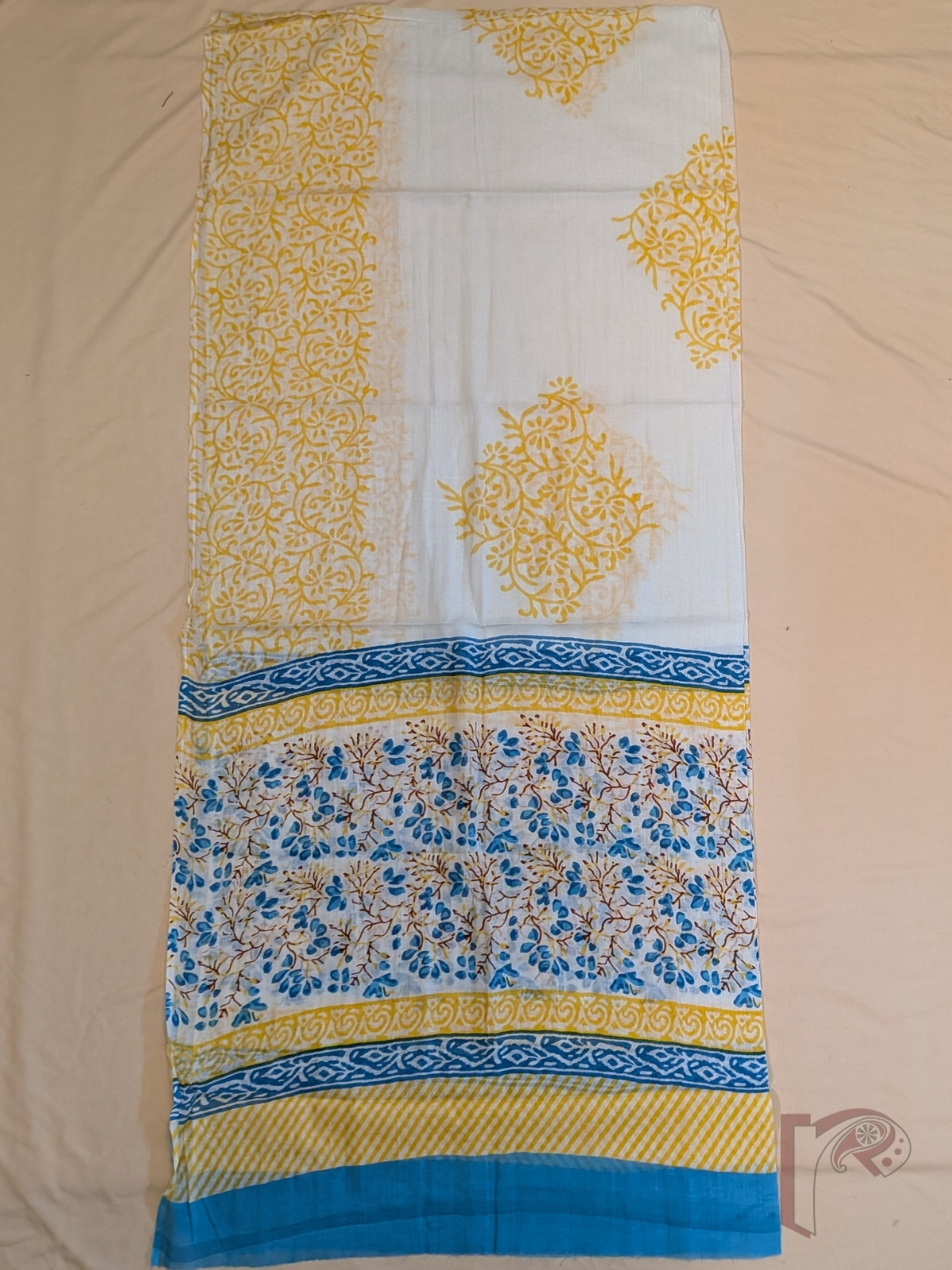 Suit stories - White Mul Cotton Sanganeri Hand Block Printed Suit with Firozi Blue & Yellow Floral Tree Jaal - Image 5