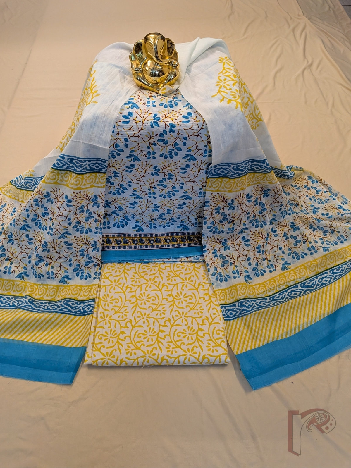 Suit stories - White Mul Cotton Sanganeri Hand Block Printed Suit with Firozi Blue & Yellow Floral Tree Jaal
