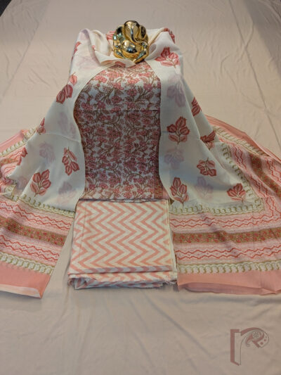 Suit stories - Light Peach Mulmul Cotton Hand Block Printed Suit Set with Floral Boota