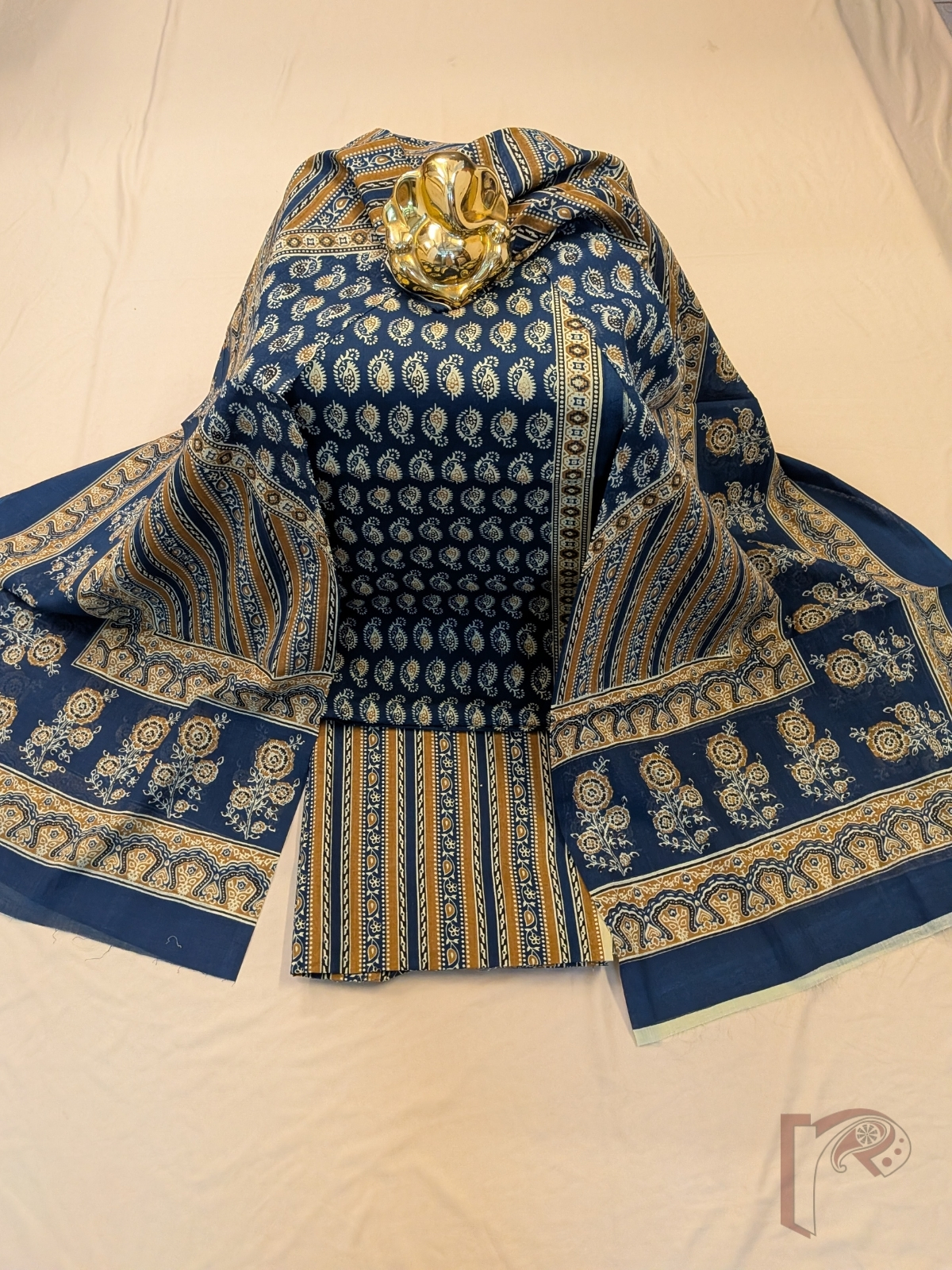 Suit stories - Navy Blue Mul Cotton Sanganeri Hand Block Printed Suit Set with Kairi Leaf Jaal