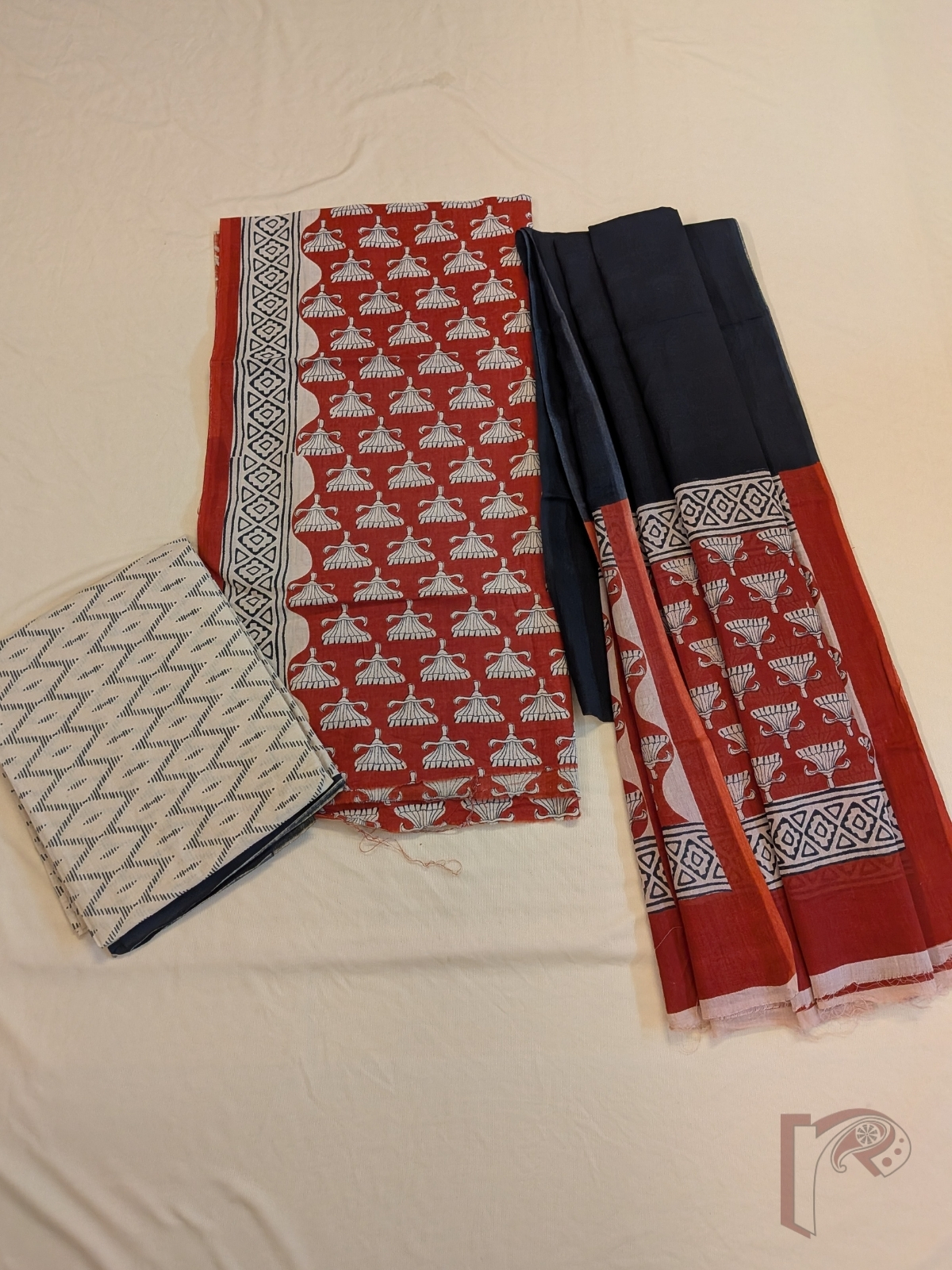 Suit stories - Rust Orange Mul Cotton Sanganeri Hand Block Printed Suit Set with Fan Floral Motifs - Image 2