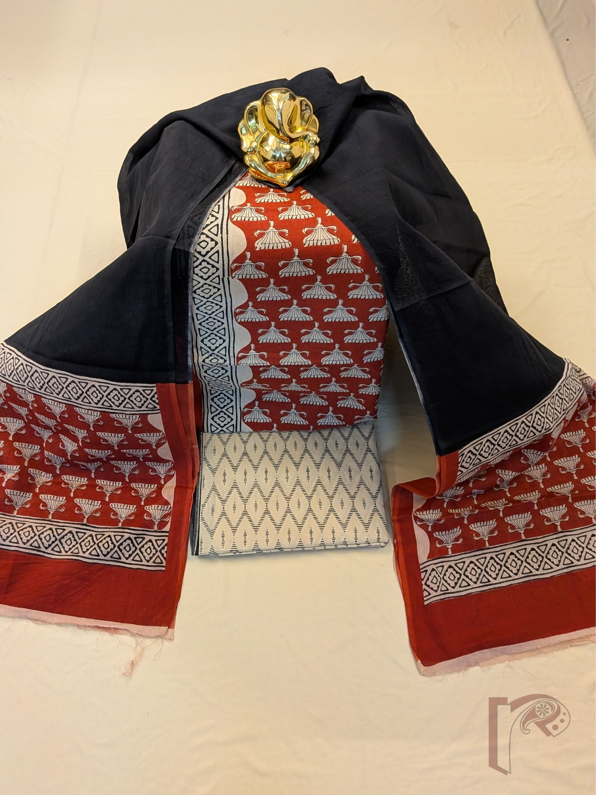Suit stories - Rust Orange Mul Cotton Sanganeri Hand Block Printed Suit Set with Fan Floral Motifs