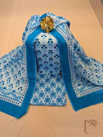 Suit stories - White Mul Cotton Hand Block Printed Suit Set with Blue Large Buta