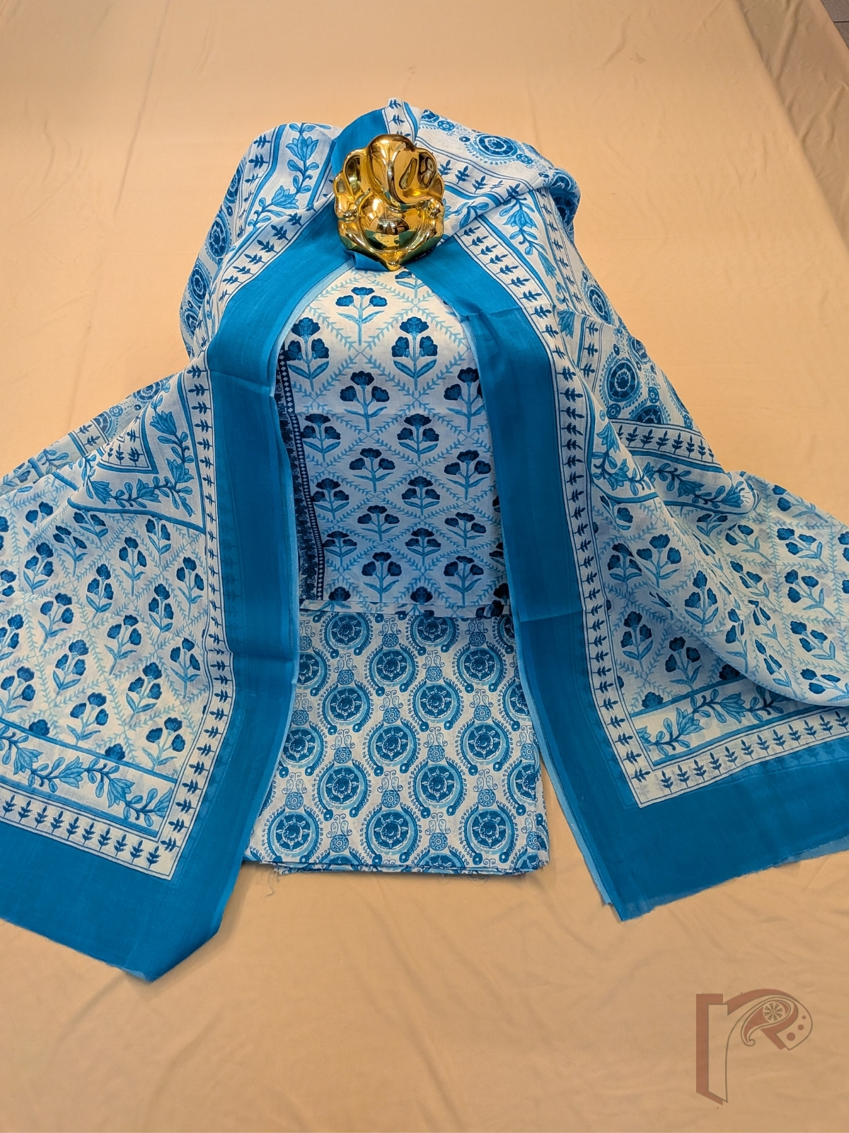 Suit stories - White Mul Cotton Hand Block Printed Suit Set with Blue Large Buta