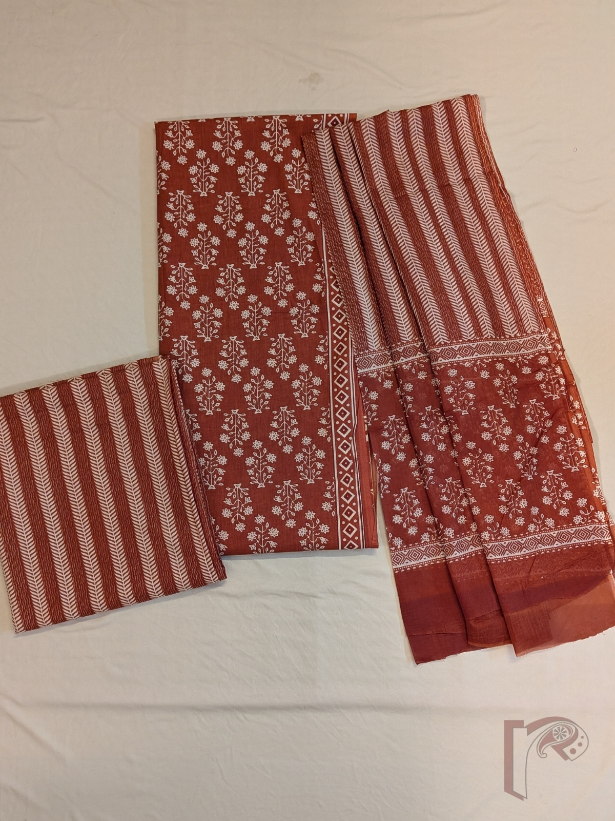 Suit stories - Rust Orange Mul Cotton Hand Block Printed Suit Set with Floral Buta - Image 2