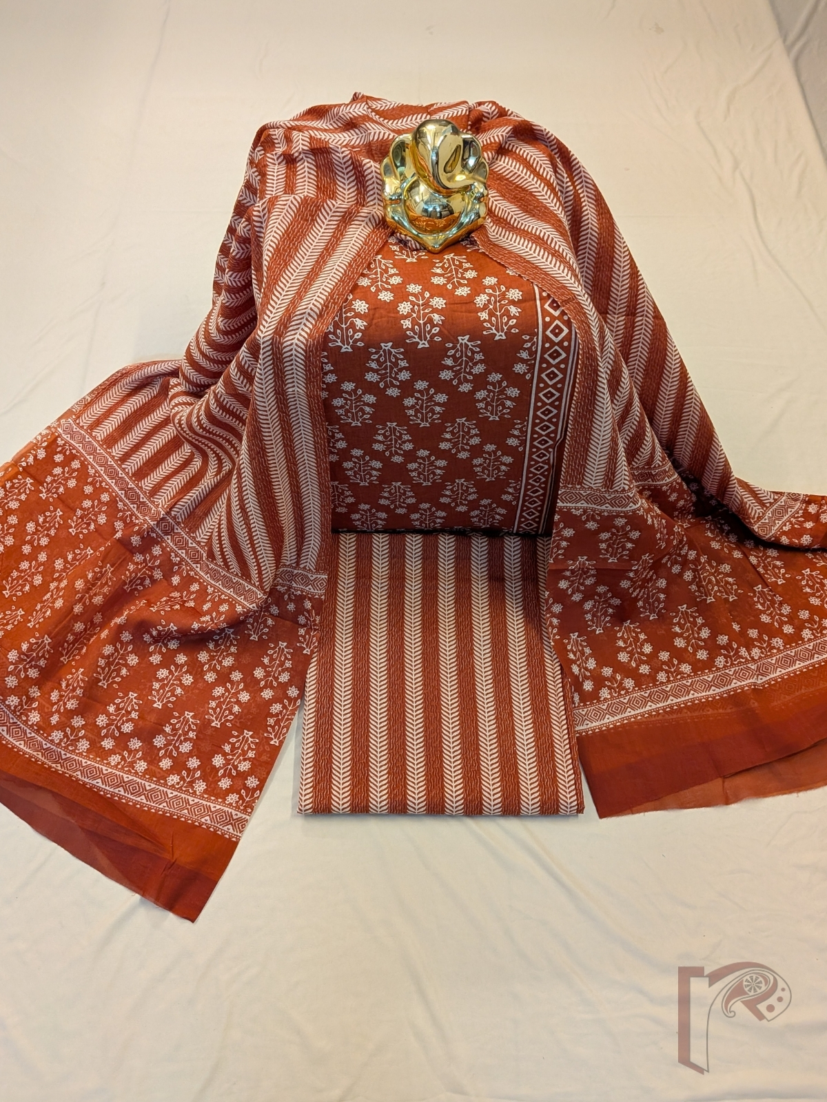 Suit stories - Rust Orange Mul Cotton Hand Block Printed Suit Set with Floral Buta