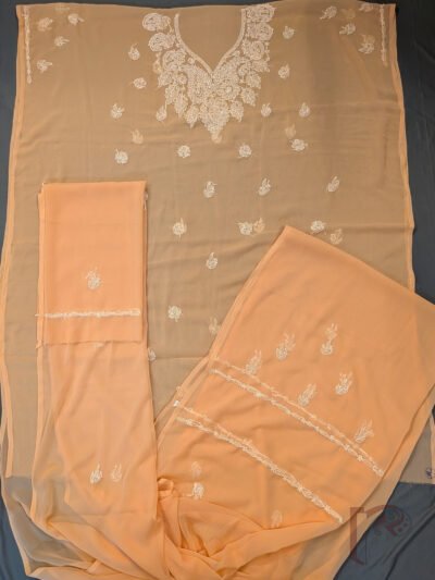 Suit Stories – Light Orange Lucknowi Chiffon Chikankari Unstitched Suit with White Floral Thread Work