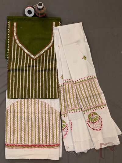 Suit stories - Mehendi Green & White Cotton Kantha Suit Set with Red-White Geometric Embroidery