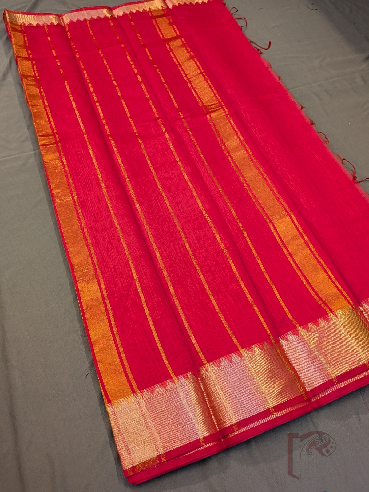 Mangalgiri Moods – Pink Mangalgiri Cotton Silk Saree with Gold Temple Motif Border and Striped Pallu - Image 2