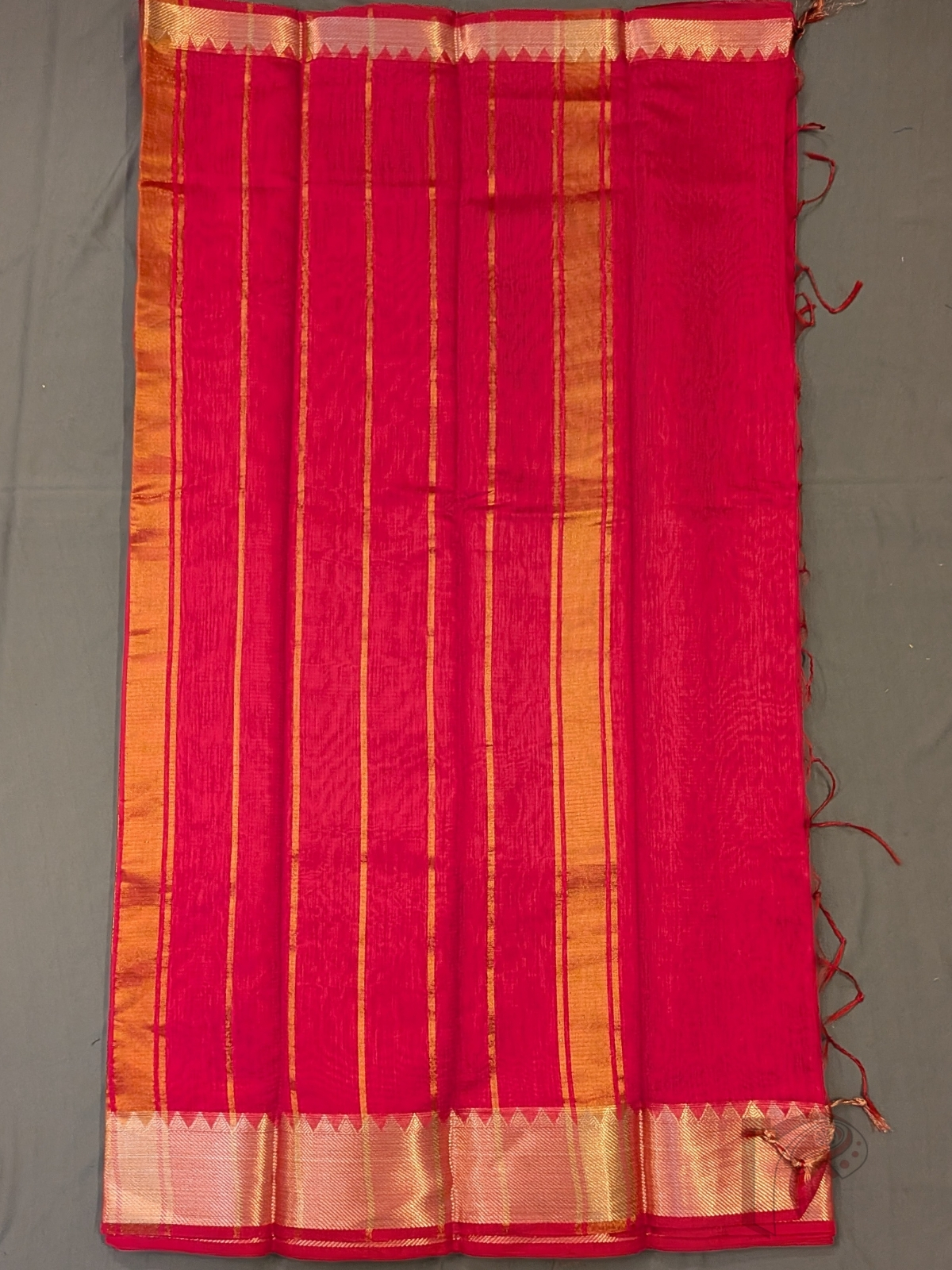 Mangalgiri Moods – Pink Mangalgiri Cotton Silk Saree with Gold Temple Motif Border and Striped Pallu - Image 6