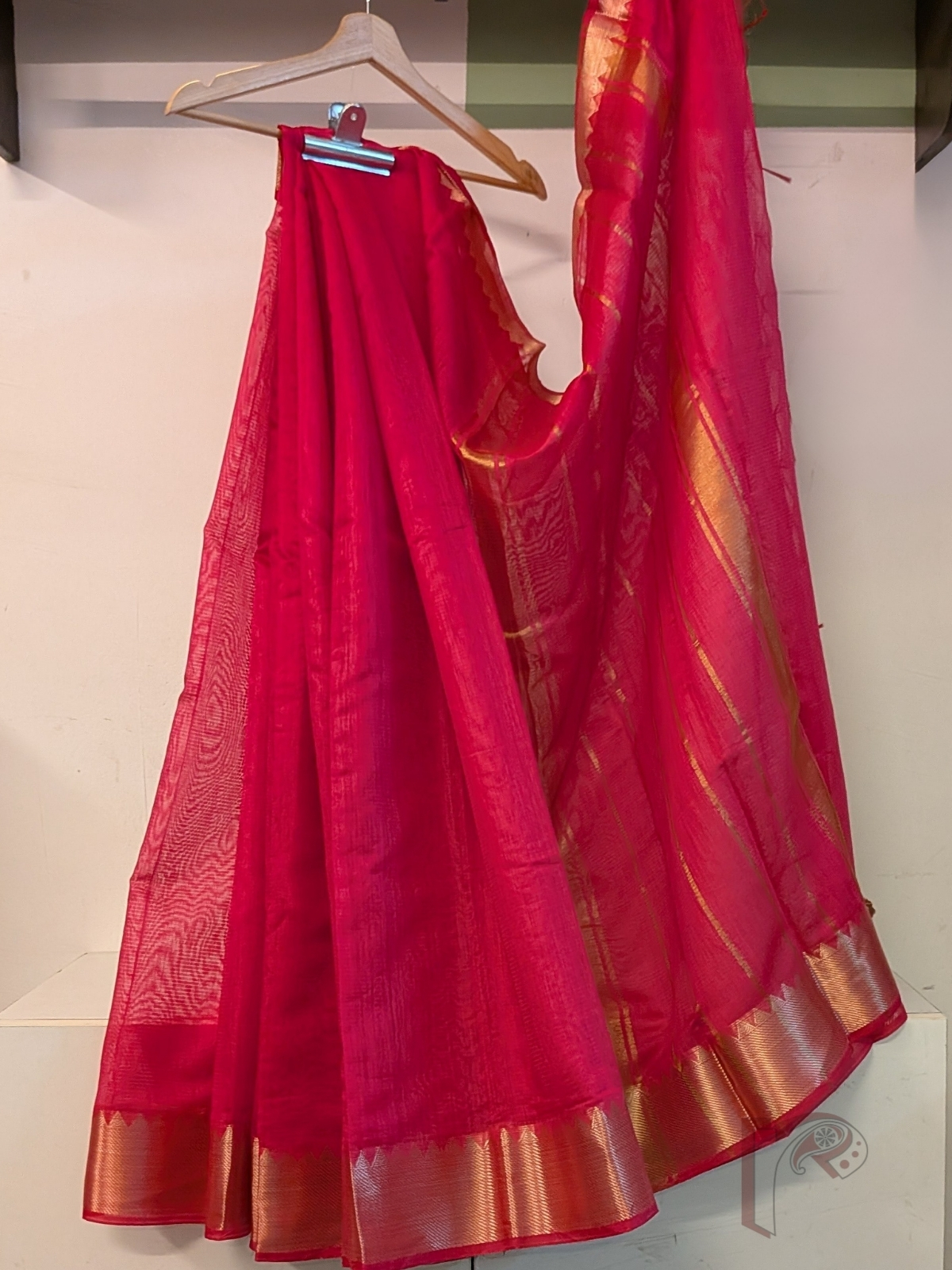 Mangalgiri Moods – Pink Mangalgiri Cotton Silk Saree with Gold Temple Motif Border and Striped Pallu