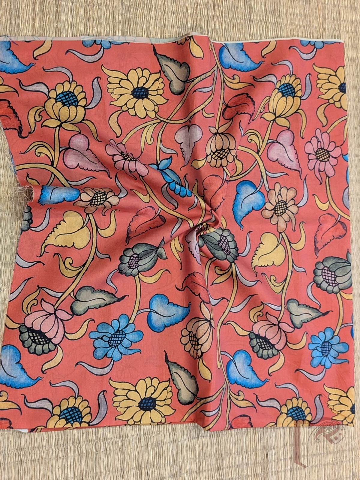 Peach Orange Dupion Silk Kalamkari Blouse with Blue, Pink, Yellow and Green Floral and Leaf Print - Image 2
