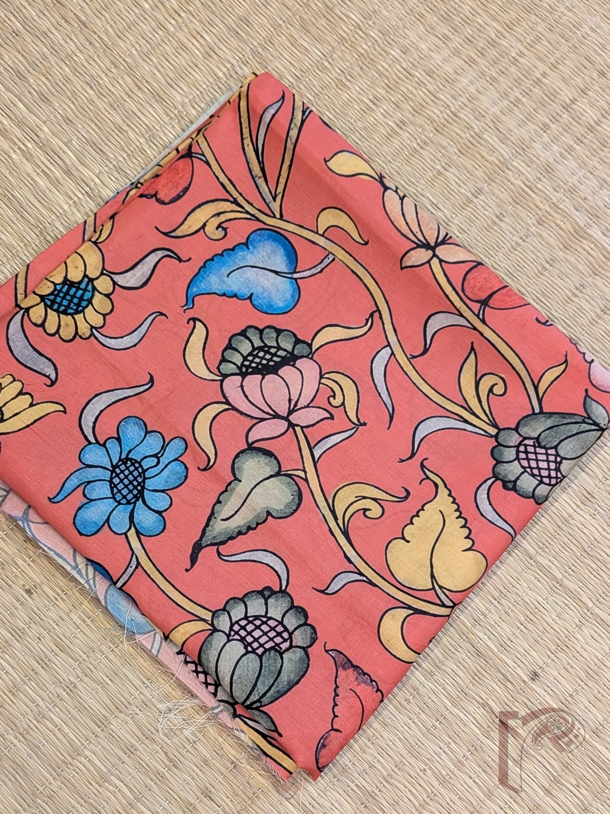 Peach Orange Dupion Silk Kalamkari Blouse with Blue, Pink, Yellow and Green Floral and Leaf Print - Image 3