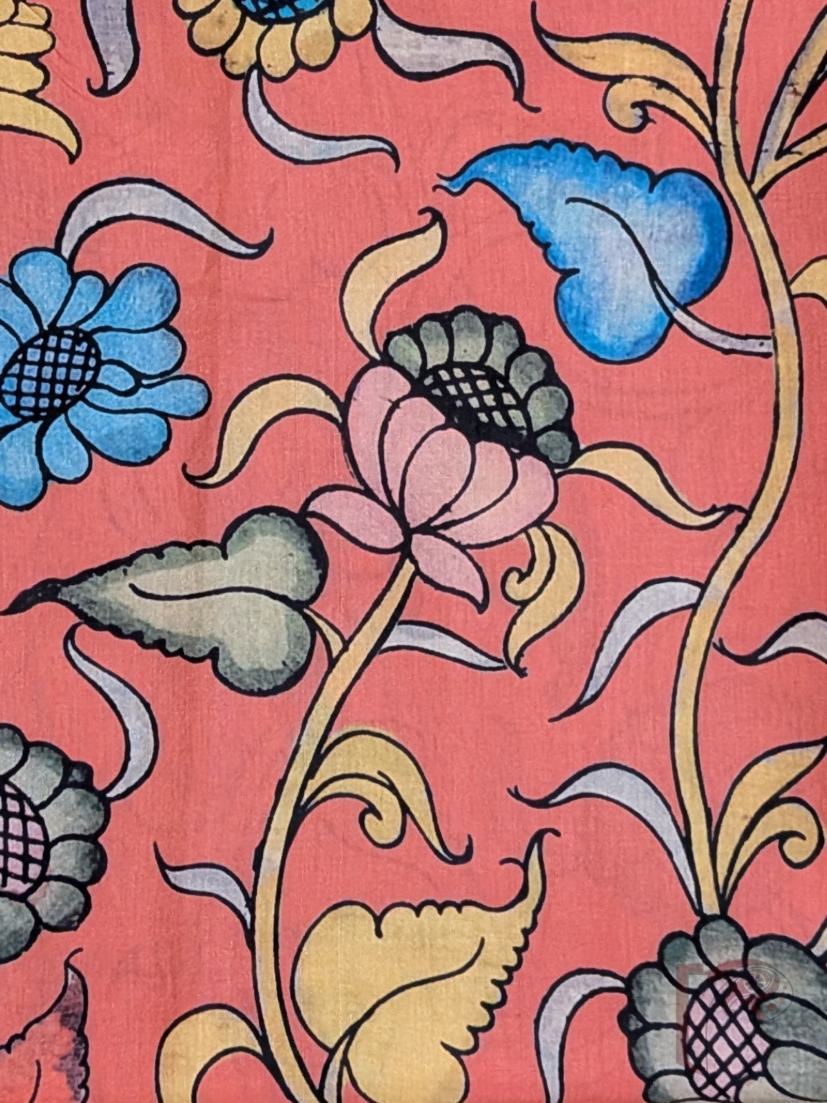 Peach Orange Dupion Silk Kalamkari Blouse with Blue, Pink, Yellow and Green Floral and Leaf Print - Image 4