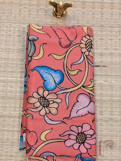 Peach Orange Dupion Silk Kalamkari Blouse with Blue, Pink, Yellow and Green Floral and Leaf Print