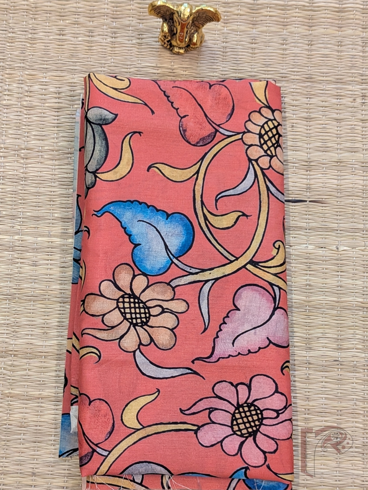 Peach Orange Dupion Silk Kalamkari Blouse with Blue, Pink, Yellow and Green Floral and Leaf Print