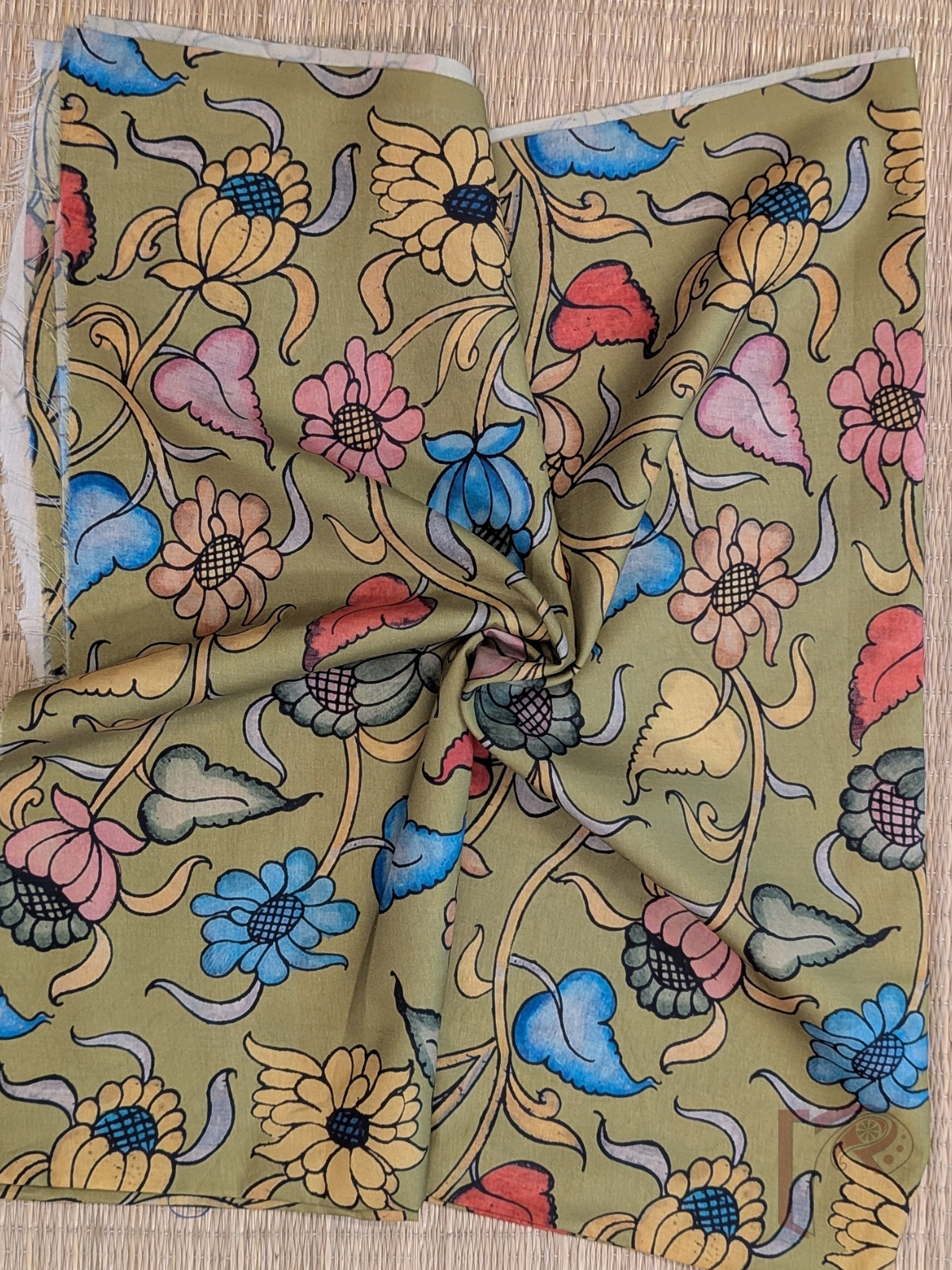 Sage Green Dupion Silk Kalamkari Blouse with Blue, Pink, Yellow and Dark Peach Floral and Leaf Motifs - Image 2