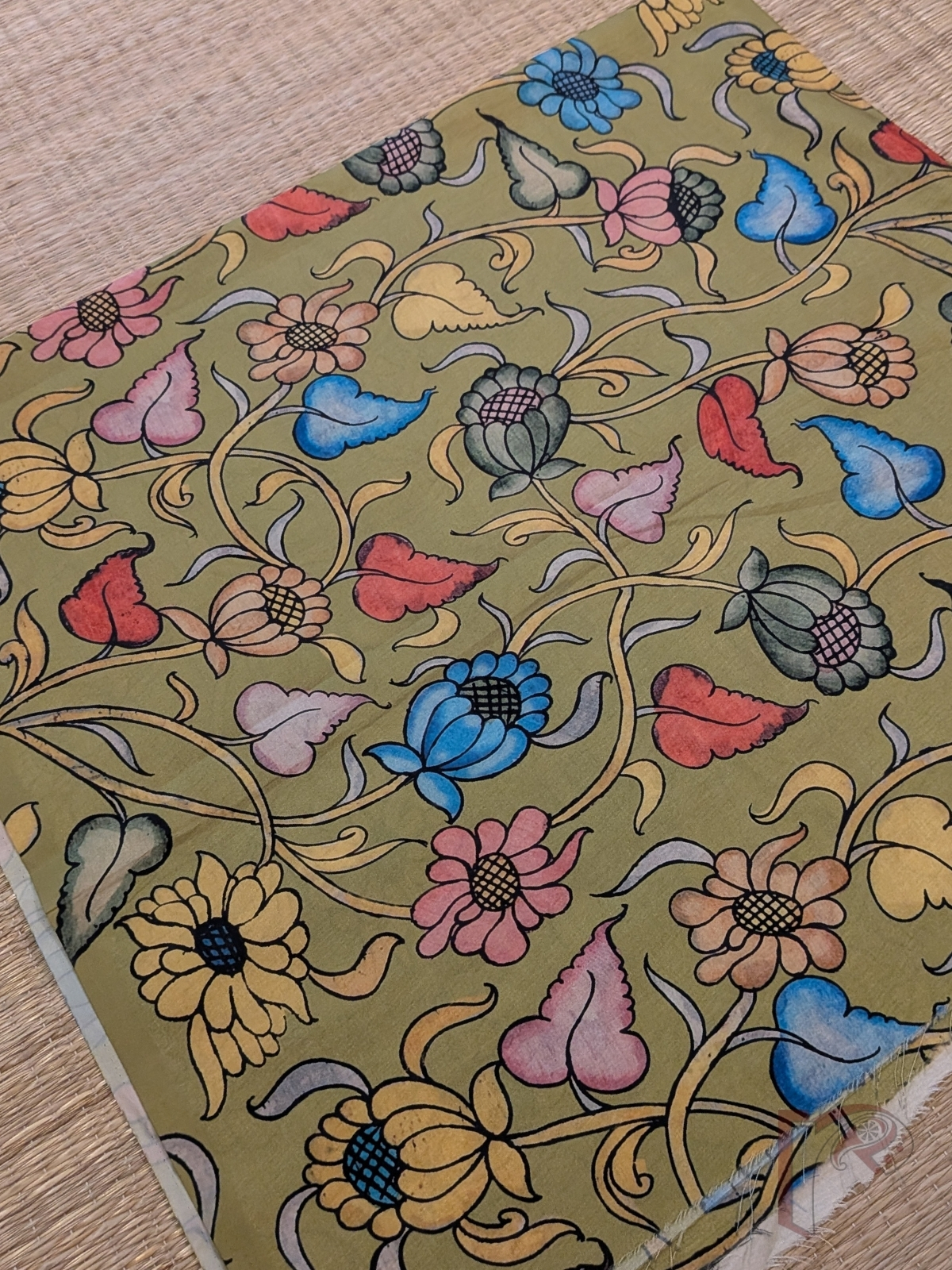 Sage Green Dupion Silk Kalamkari Blouse with Blue, Pink, Yellow and Dark Peach Floral and Leaf Motifs - Image 3