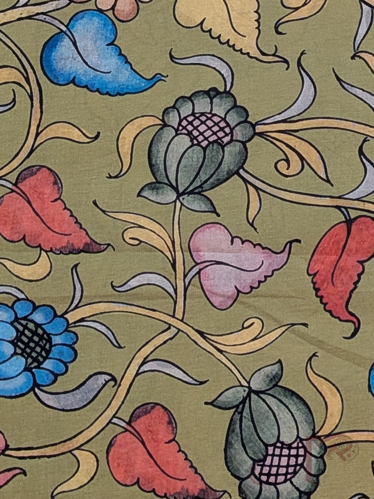 Sage Green Dupion Silk Kalamkari Blouse with Blue, Pink, Yellow and Dark Peach Floral and Leaf Motifs - Image 4
