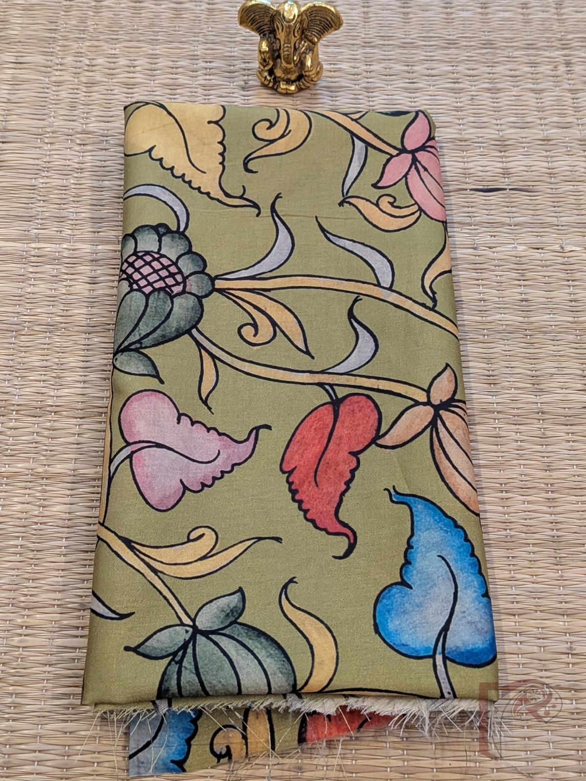 Sage Green Dupion Silk Kalamkari Blouse with Blue, Pink, Yellow and Dark Peach Floral and Leaf Motifs
