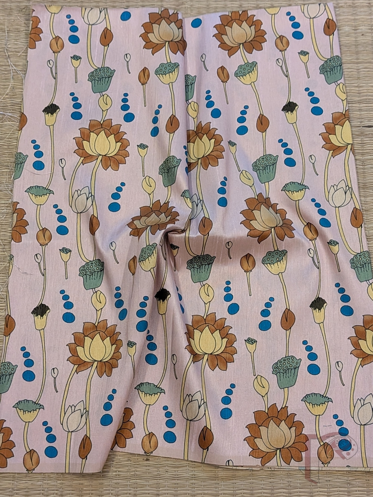 Baby Pink Raw Silk Kalamkari Blouse with Lotus, Bud and Water Droplet Motifs in Brown, Yellow, Sage Green and Blue - Image 2